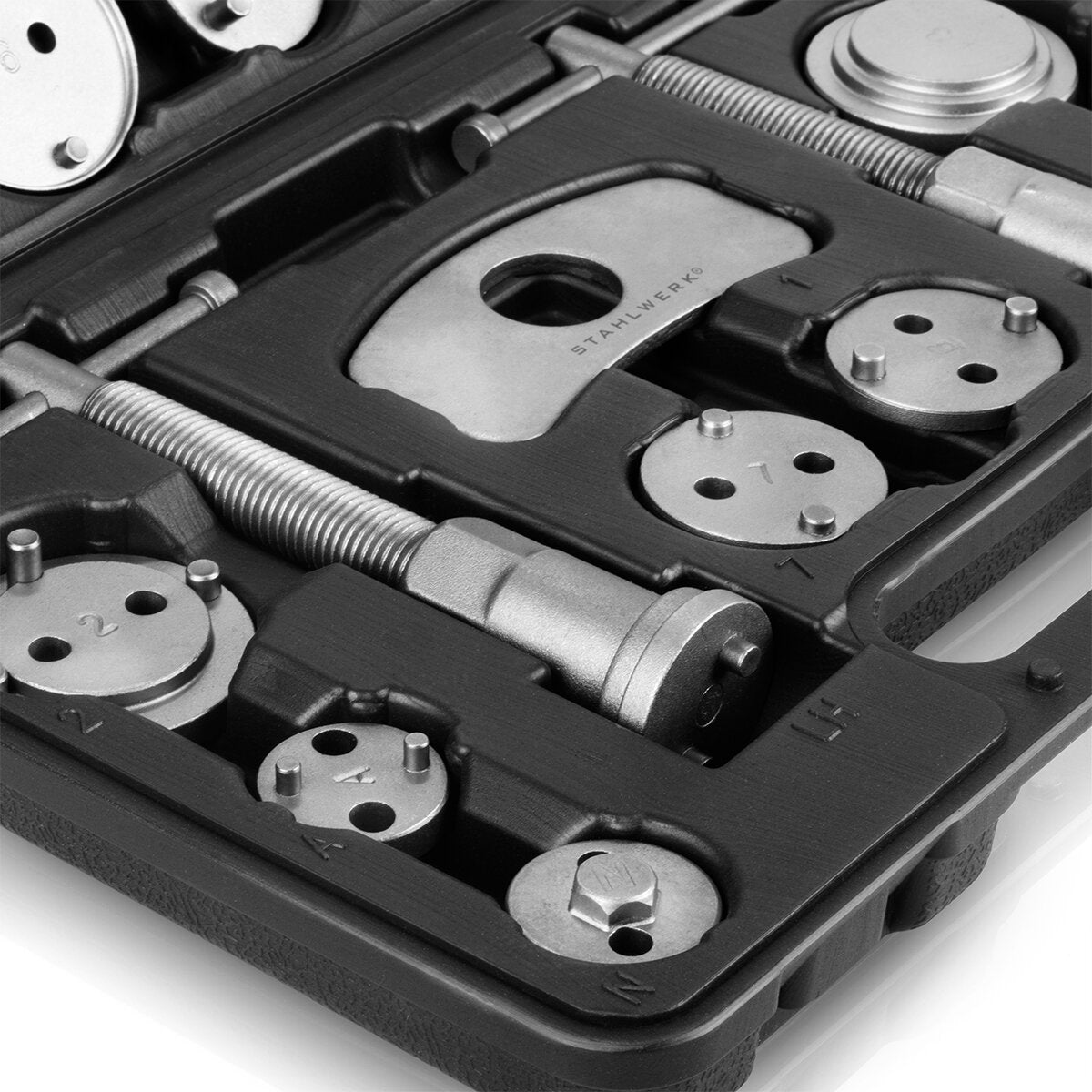 STAHLWERK Kit de réinitialisation du piston de frein 22 pièces Réinitialiseur de piston d'étrier de frein | Réinitialisation des freins | Réinitialisation du piston | Jeu d'outils de réinitialisation pour pistons d'étrier de frein automobile