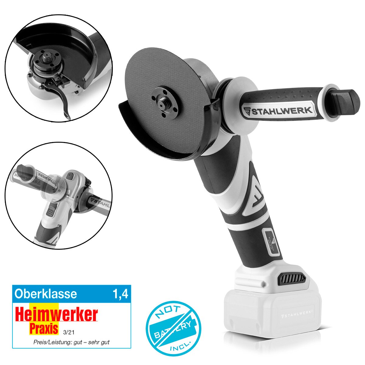 Meuleuse d'angle sans fil STAHLWERK AWS-20 ST Solo | Système 20 volts | 0 - 7500 min-1 | Tailles de disque 115 mm et 125 mm | Meuleuse de coupe | Sorcière de séparation | Garantie 7 ans