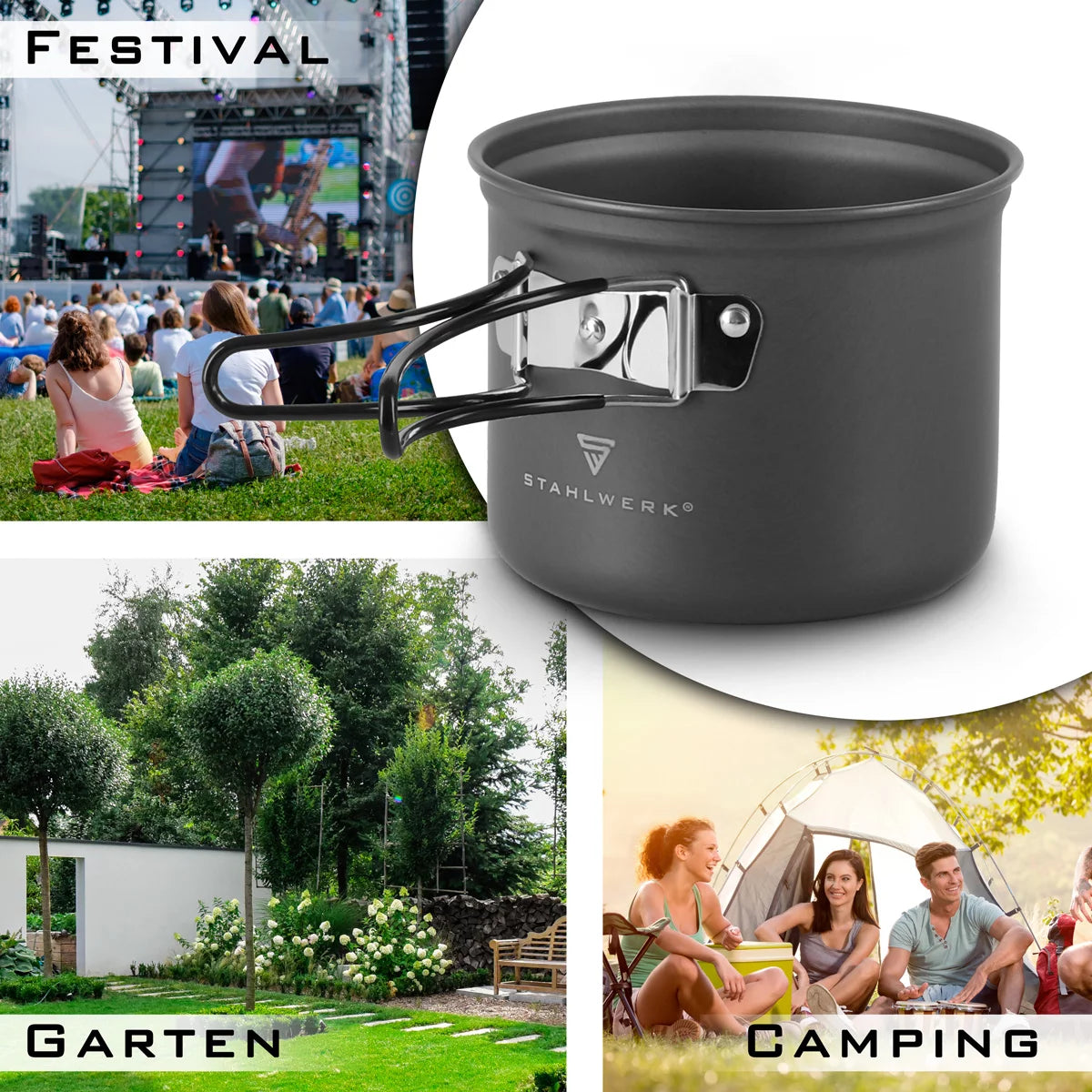 STAHLWERK Batterie de cuisine de camping | Vaisselle de camping en aluminium complète avec casserole, poêle, cuisinière à gaz, bols en plastique et couverts | ensemble de cuisine d'extérieur de haute qualité