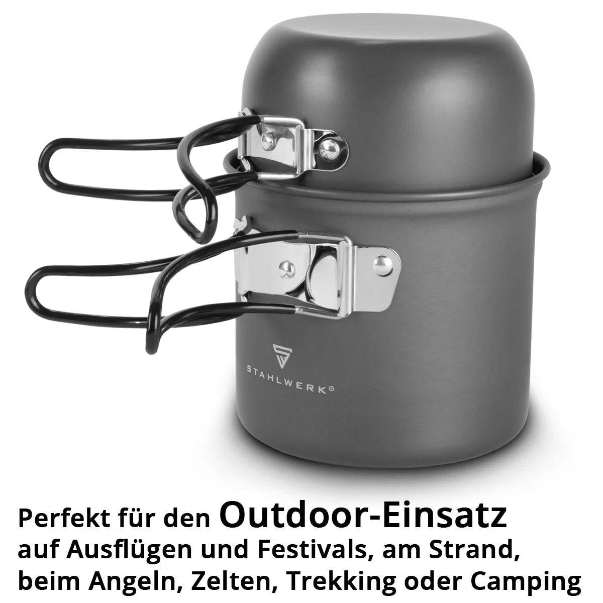 STAHLWERK Batterie de cuisine de camping | Vaisselle de camping en aluminium complète avec casserole, poêle, cuisinière à gaz, bols en plastique et couverts | ensemble de cuisine d'extérieur de haute qualité