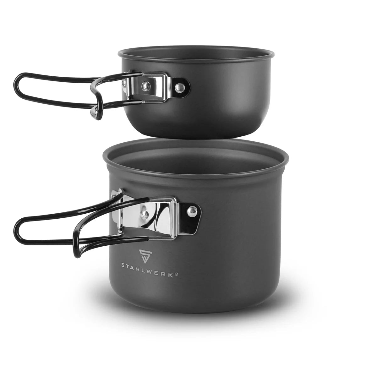 STAHLWERK Batterie de cuisine de camping | Vaisselle de camping en aluminium complète avec casserole, poêle, cuisinière à gaz, bols en plastique et couverts | ensemble de cuisine d'extérieur de haute qualité