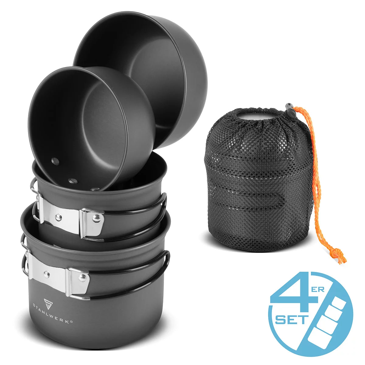 Set di pentole da campeggio STAHLWERK 4 pezzi in alluminio Pentole da esterno con rivestimento antiaderente | Set da cucina da campeggio con pentole e coperchi | Set di vasi da esterno | Stoviglie da campeggio