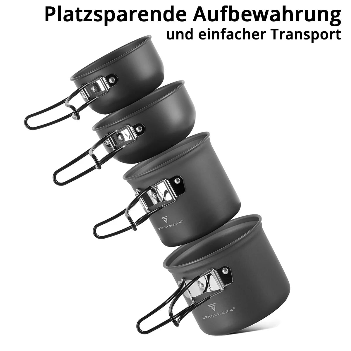 Set di pentole da campeggio STAHLWERK 4 pezzi in alluminio Pentole da esterno con rivestimento antiaderente | Set da cucina da campeggio con pentole e coperchi | Set di vasi da esterno | Stoviglie da campeggio