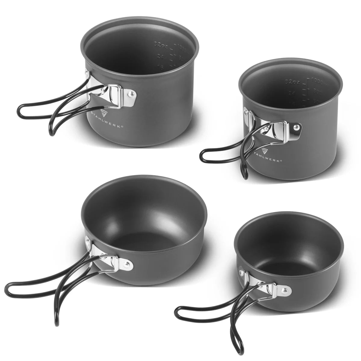 Set di pentole da campeggio STAHLWERK 4 pezzi in alluminio Pentole da esterno con rivestimento antiaderente | Set da cucina da campeggio con pentole e coperchi | Set di vasi da esterno | Stoviglie da campeggio