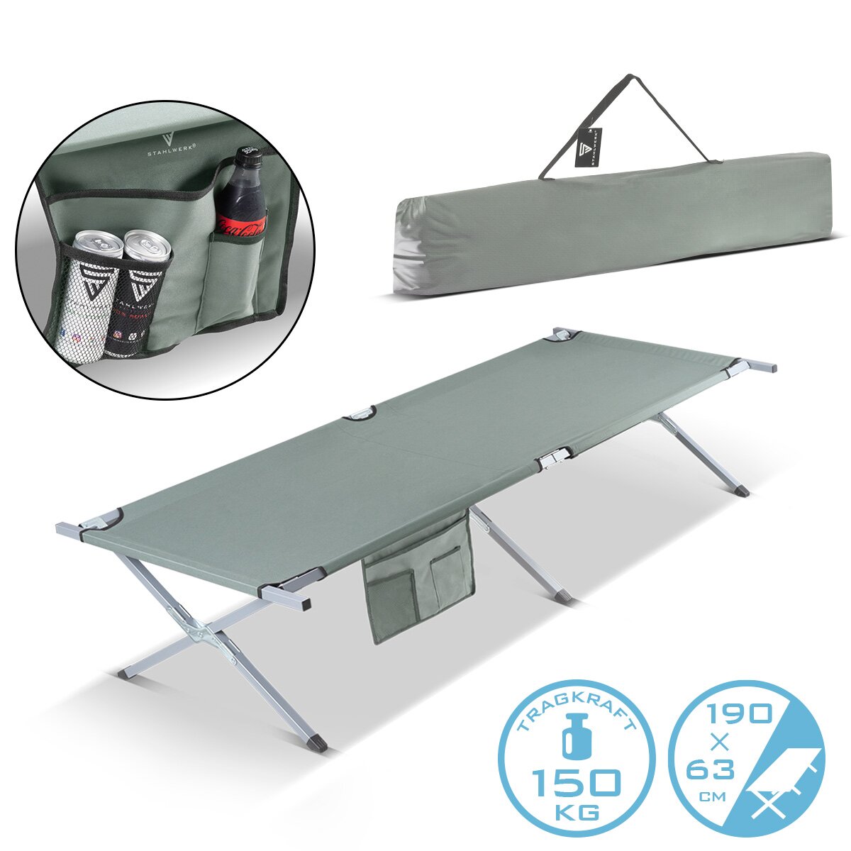 STAHLWERK chaise longue de camping CL-190 ST lit de camp pliant avec capacité de charge de 150 kg lit de camping 190 x 63 cm | lit pliant | lit pliant | Chaise longue pliante | Lit d'appoint | Chaise longue pliante avec sac de transport