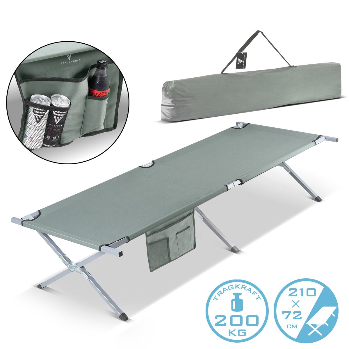 STAHLWERK camping lounger CL-210 ST folding XXL camp bed with 200 kg load capacity 210 x 72 cm camping bed | folding bed | folding bed | Folding lounger | Guest bed | Folding lounger with transport bag