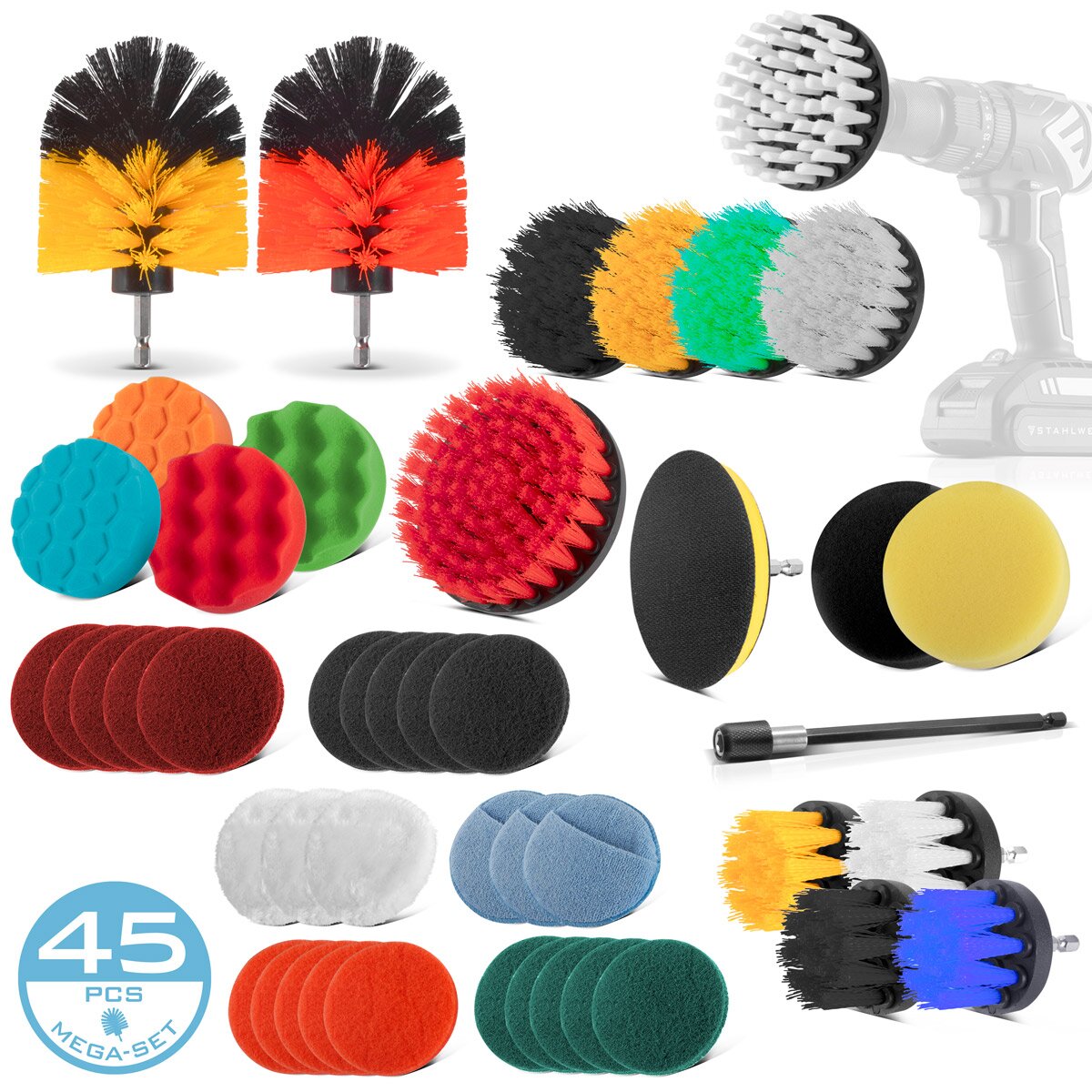 STAHLWERK Bürsten-Aufsatz 45er Set für Akkuschrauber und Bohrmaschinen, Klett-Schleifpads, Reinigungsbürsten und Polierschwämme mit Standard-Bit-Aufnahme inklusive Verlängerungs-Adapter