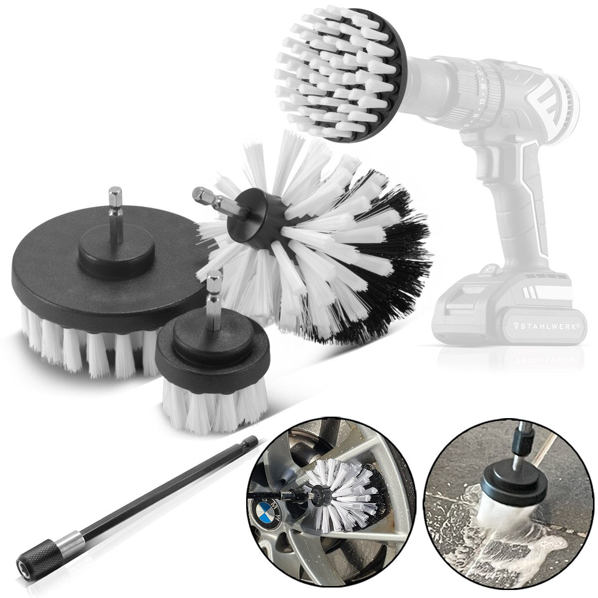 STAHLWERK Bürsten-Aufsatz 4er Set für Akkuschrauber und Bohrmaschinen, Reinigungs-, Polier- und Detailing-Bürsten mit Standard-Bit-Aufnahme inklusive Verlängerungs-Adapter