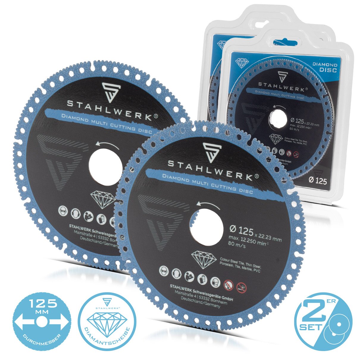 STAHLWERK Diamond Multi Cutting Disc Set of 2 125 x 22.23 mm | Steel, porcelain, marble, PVC | High cutting precision & long service life