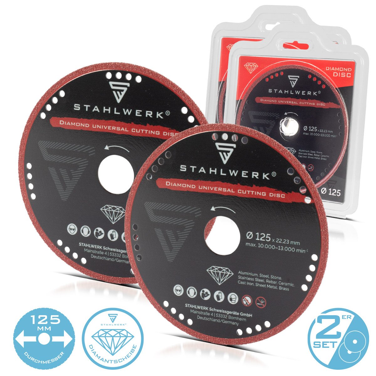 STAHLWERK diamond universal cutting disc set of 2 125 x 22.23 mm | Aluminum, steel, stone, glass | High cutting precision & long service life