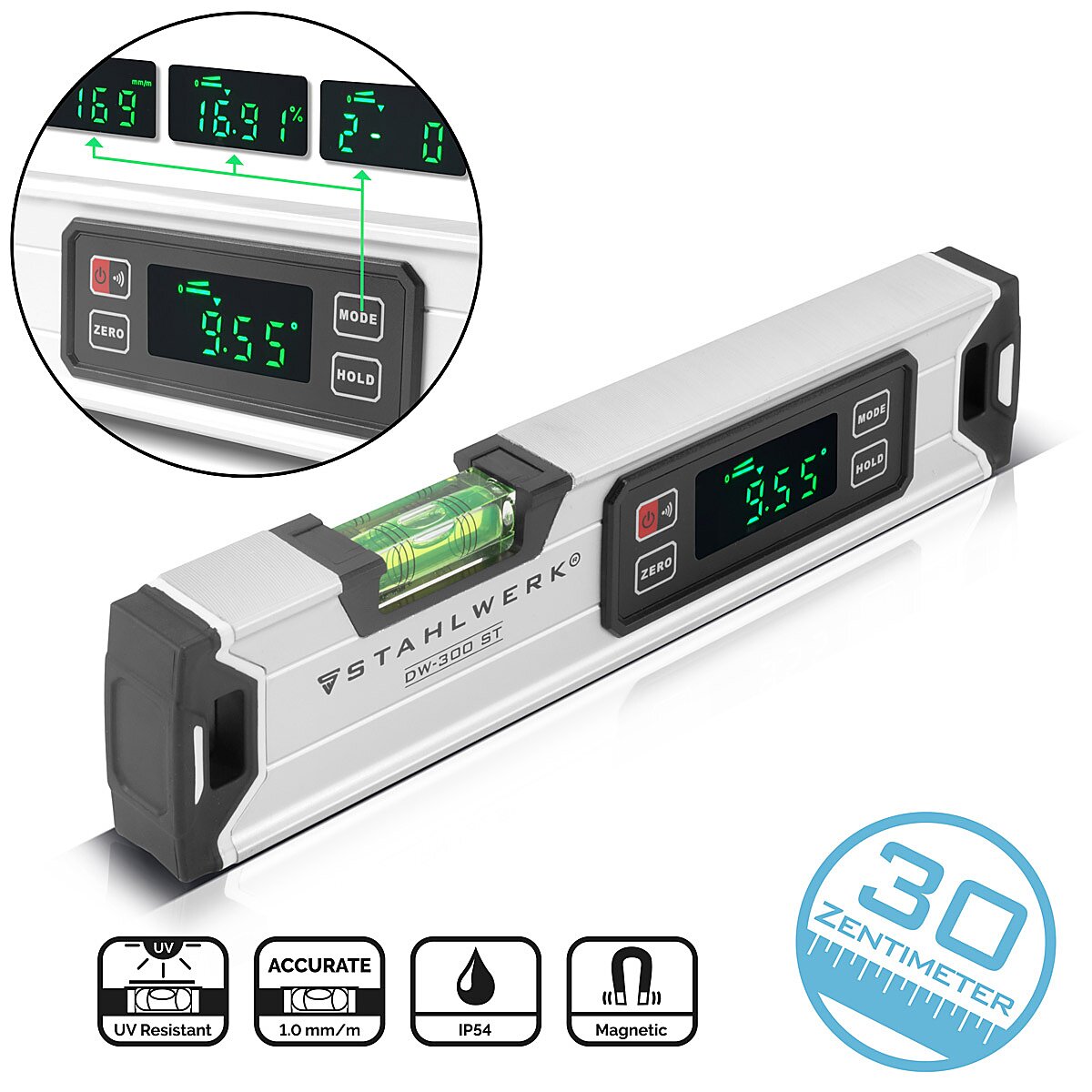 STAHLWERK Digitale Wasserwaage DW-300 ST aus Aluminium mit 300 mm Länge magnetische Richtwaage | Magnet-Wasserwaage | Aluminium-Wasserwaage | Digital-Wasserwaage | Winkelmesser
