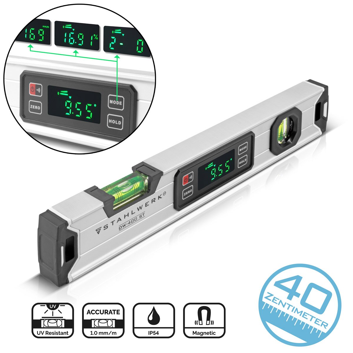 STAHLWERK Digitale Wasserwaage DW-400 ST aus Aluminium mit 400 mm Länge magnetische Richtwaage | Magnet-Wasserwaage | Aluminium-Wasserwaage | Digital-Wasserwaage | Winkelmesser