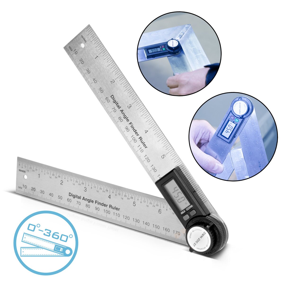 STAHLWERK Digitaler Winkelmesser DWM-200 ST mit 180 mm Messbereich 360° Präzisions-Winkelmessgerät | Gradmesser | Winkellineal aus Edelstahl