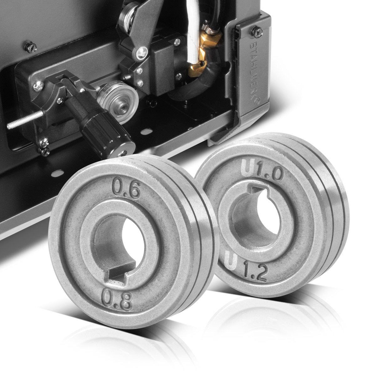 STAHLWERK set of 2 wire guide rollers / wire feed rollers with 0.6 / 0.8 mm V-profile and 1.0 / 1.2 mm U-profile for welding aluminum, cored wire and solid wire with MIG MAG welding machines