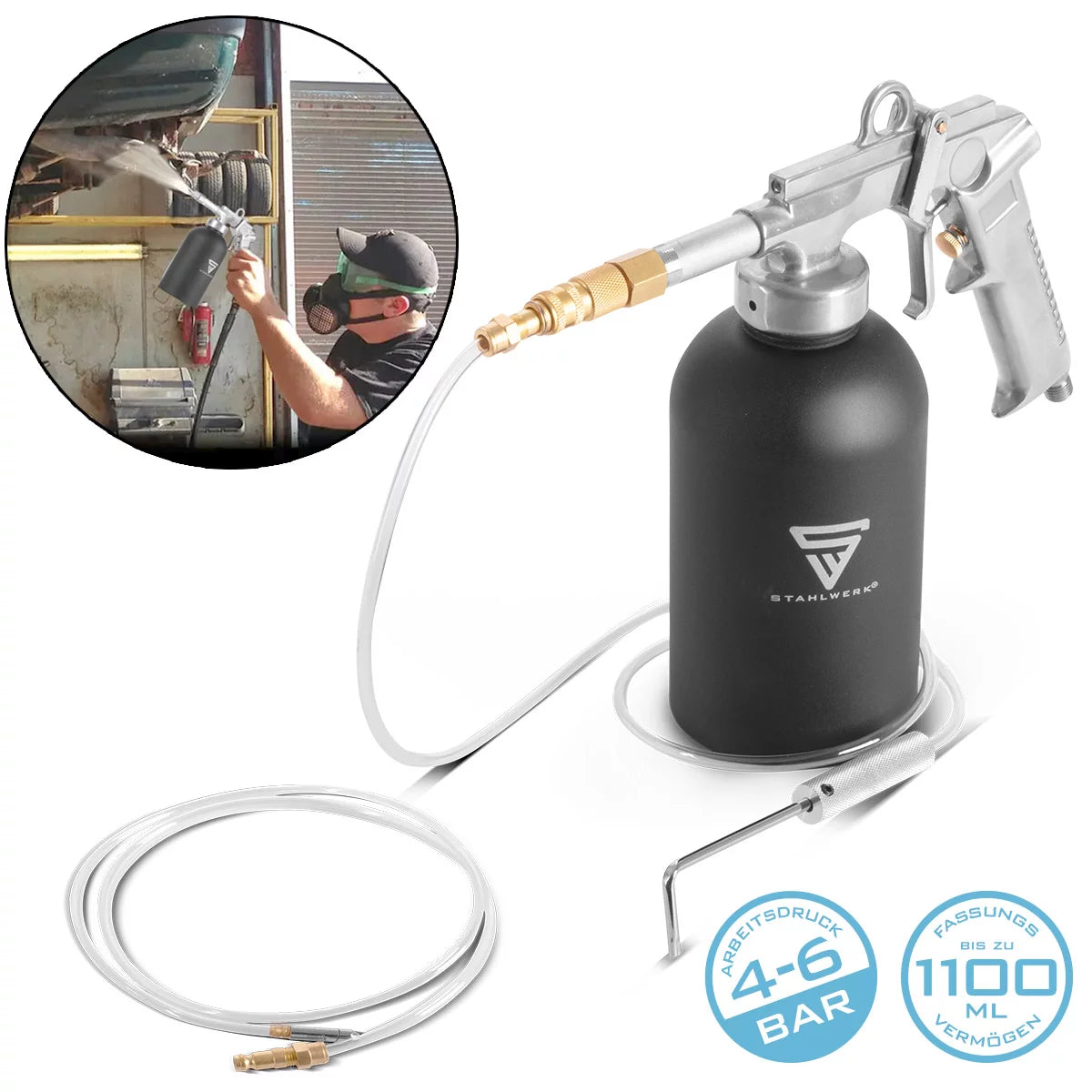 Pistola a spruzzo antiruggine STAHLWERK 1100 ml Pistola a cavità 4-6 bar | Pistola a tazza a pressione | Pistola per protezione sottoscocca | Pistola ad aria compressa | Sigillatura di cavità | Protezione dalla corrosione