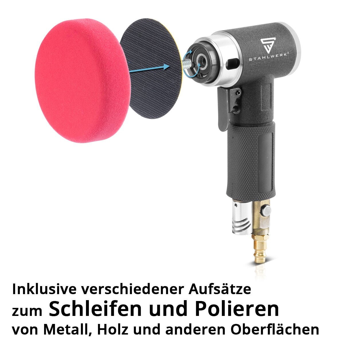 Kit de ponceuses excentriques à air comprimé STAHLWERK OSK-150 ST jusqu'à 15 000 tr/min, ponceuse à air comprimé réglable en continu | Broyeur | Ponceuse rotative | Machine à poncer et à polir avec accessoires