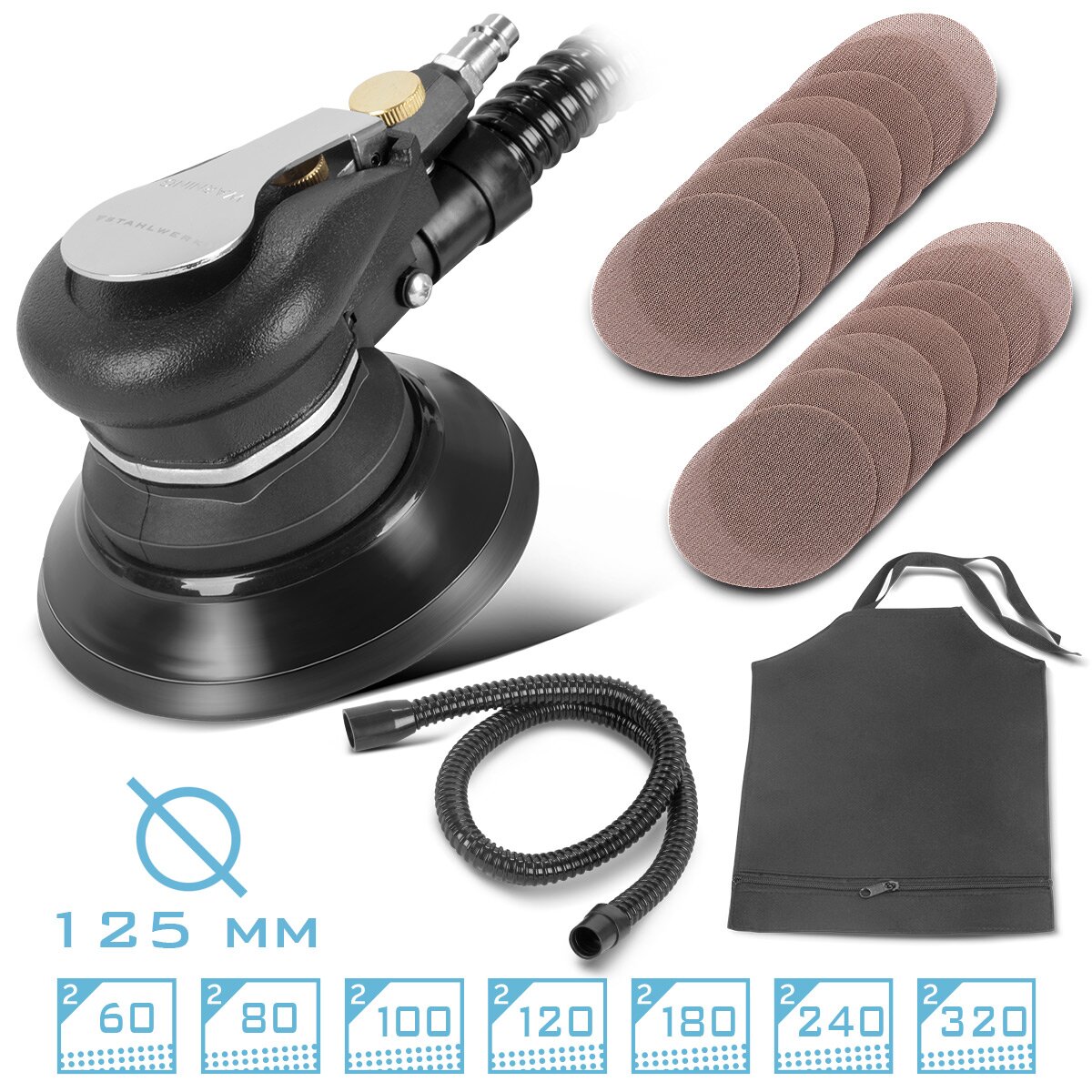 STAHLWERK Druckluft Exzenterschleifer DES-125 ST mit 14er Set Gitternetz-Klett-Schleifscheiben P60-P320 Druckluftschleifer mit 125 mm Schleifteller | Poliermaschine mit Absaugsystem und Staubsack