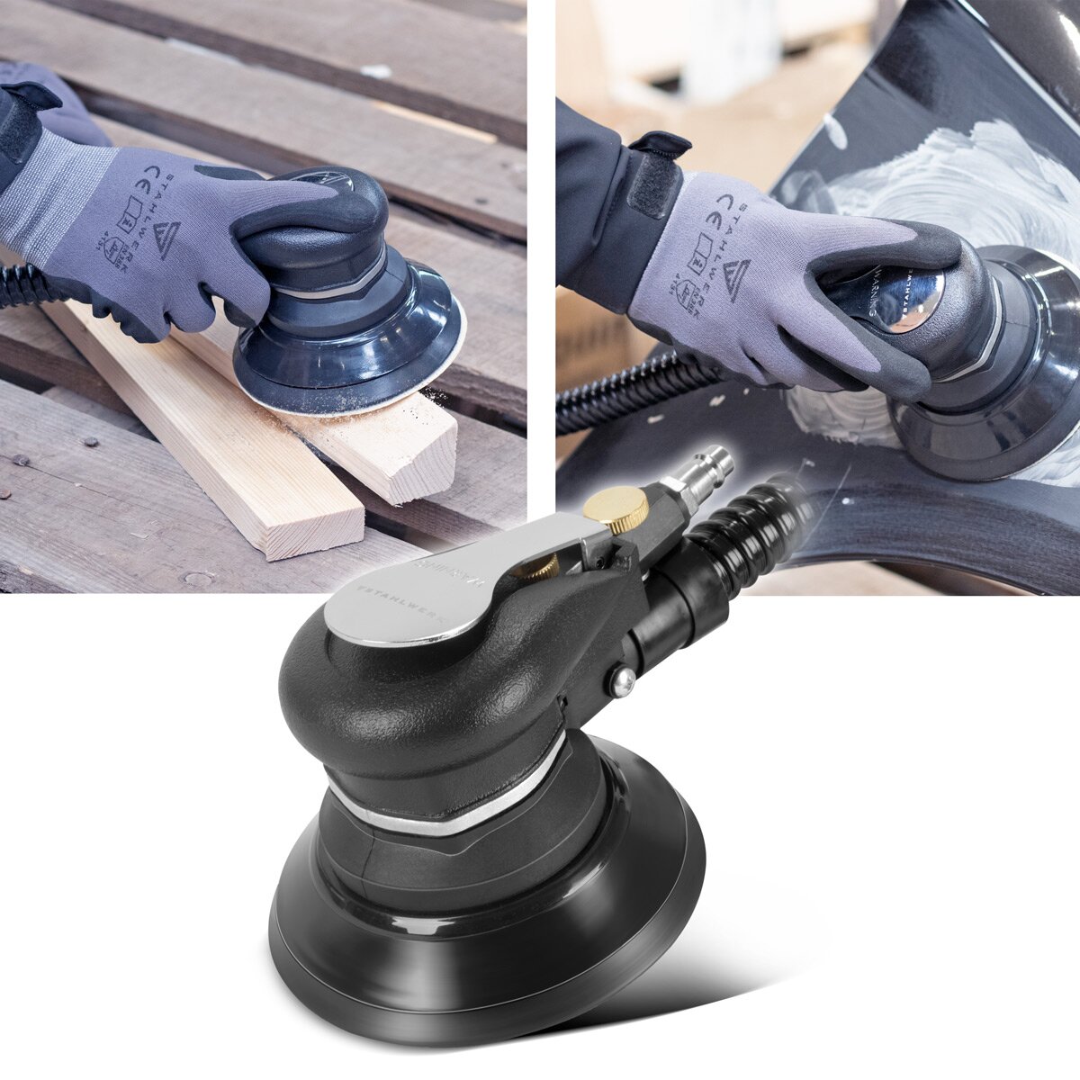 STAHLWERK Druckluft Exzenterschleifer DES-125 ST mit 14er Set Gitternetz-Klett-Schleifscheiben P60-P320 Druckluftschleifer mit 125 mm Schleifteller | Poliermaschine mit Absaugsystem und Staubsack