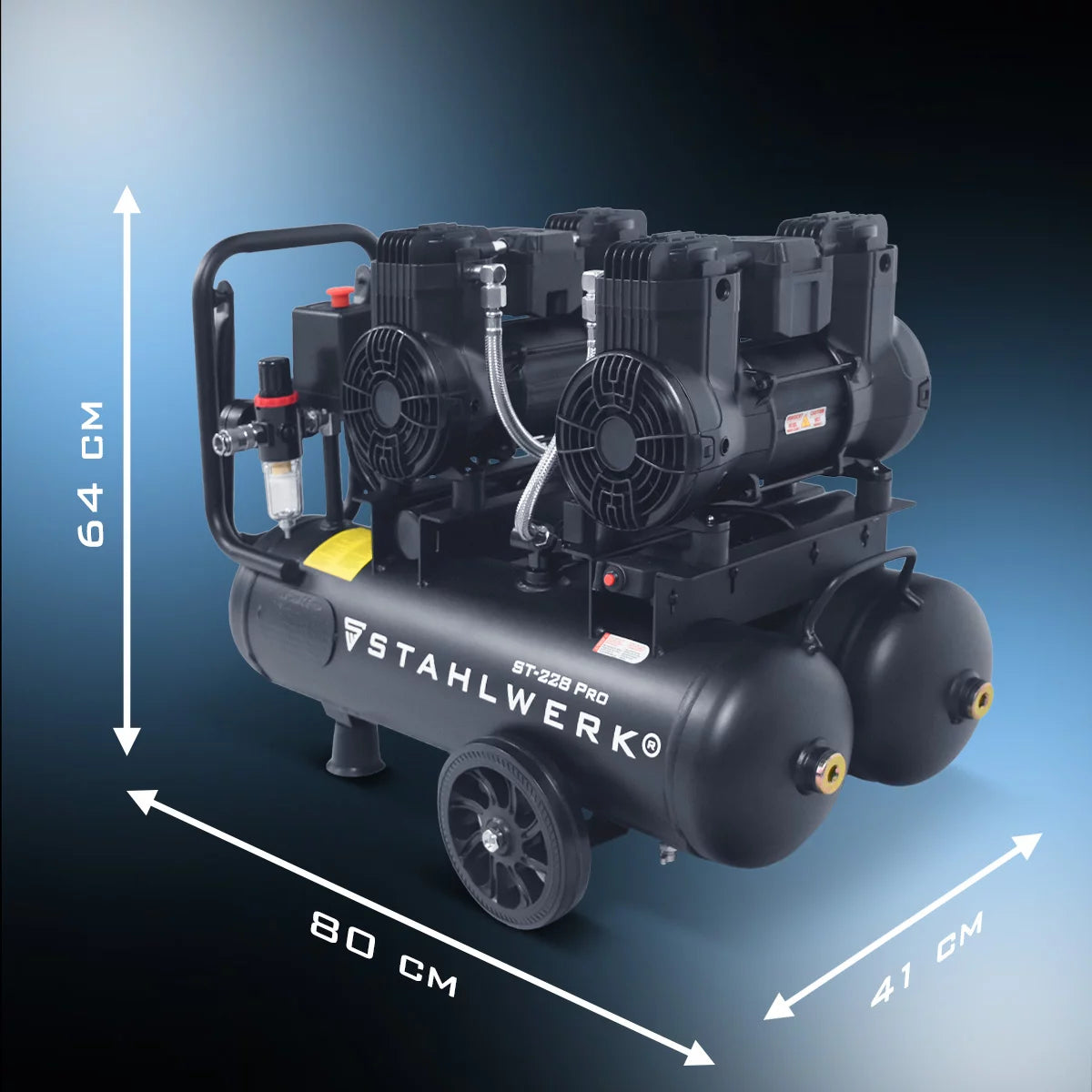 STAHLWERK Kompressor ST-228 Pro mit 8 bar | 3,54 PS | 2,6 kW | 410 l/min | 22 L Tank ölfreier Druckluft-Kompressor | Kolben-Kompressor | Silent-Kompressor | Flüster-Kompressor mit Brushless-Motoren