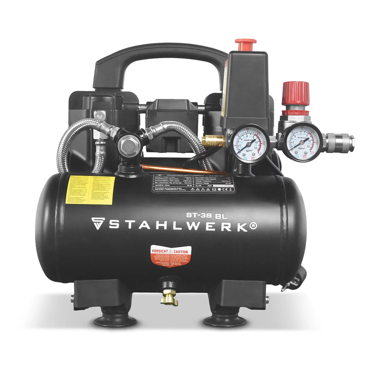 Compresor STAHLWERK ST-38 BL con 8 bar | 1,22 CV | 0,90 kW | 170 l/min | Compresor de aire comprimido sin aceite con depósito de 3 L | Compresor de pistón | Compresor silencioso | Compresor Whisper con motores sin escobillas.