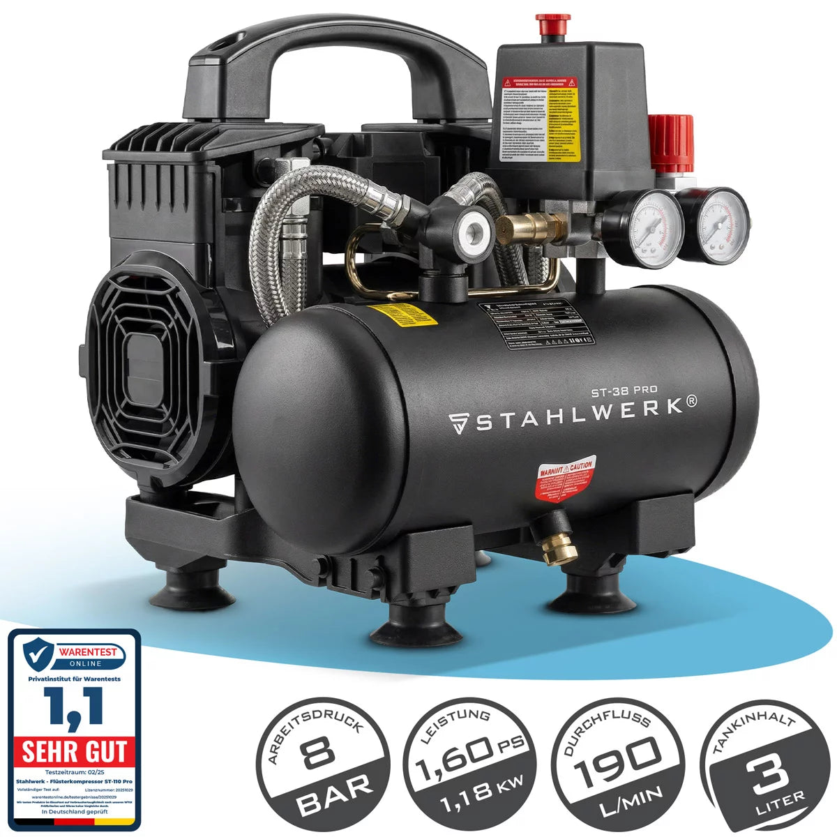 STAHLWERK Kompressor ST-38 Pro mit 8 bar | 1,60 PS | 1,18 kW | 190 l/min | 3 L Tank ölfreier Druckluft-Kompressor | Kolben-Kompressor | Silent-Kompressor | Flüster-Kompressor mit Brushless-Motoren