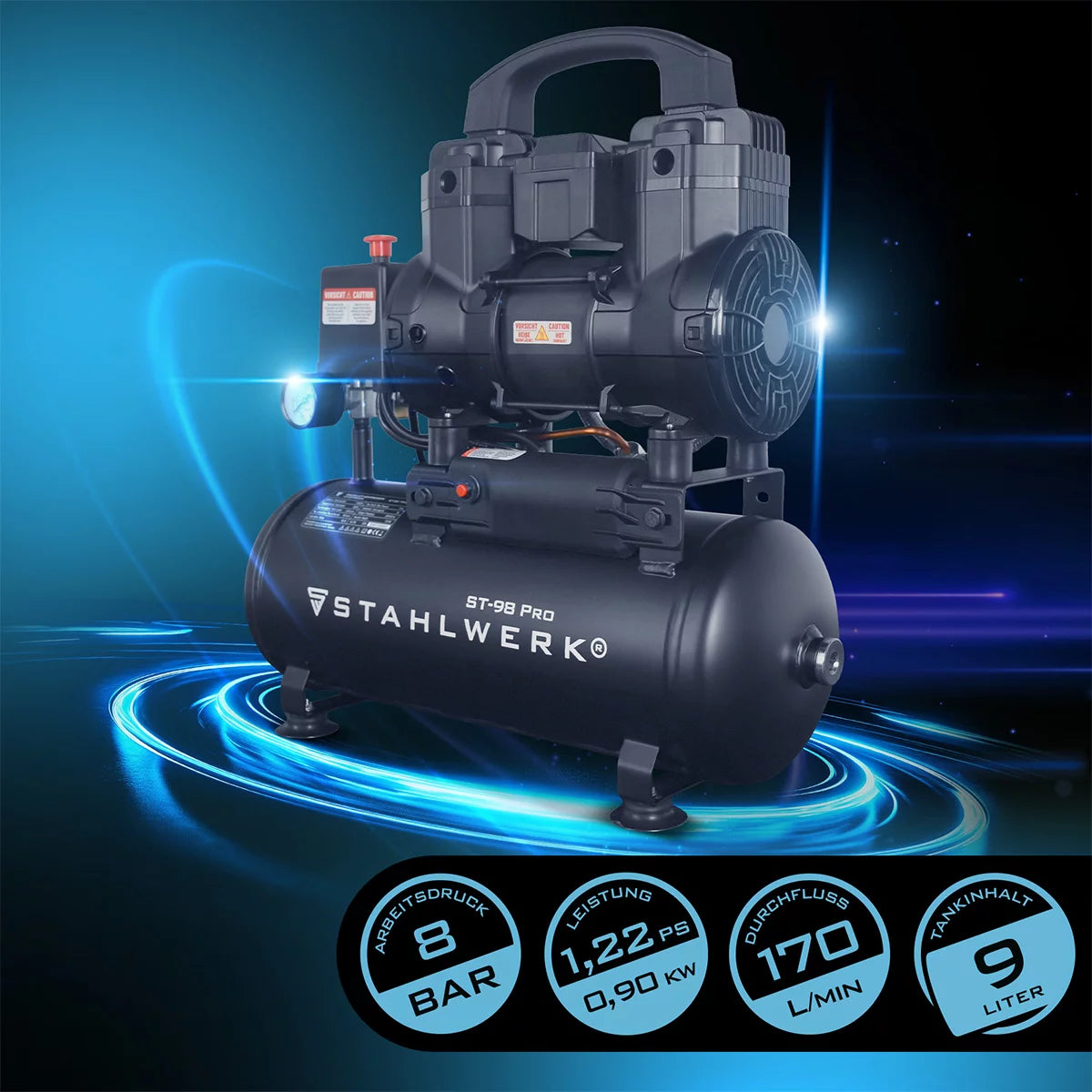 STAHLWERK Kompressor ST-98 Pro mit 8 bar | 1,22 PS | 0,90 kW | 170 l/min | 9 L Tank ölfreier Druckluft-Kompressor | Kolben-Kompressor | Silent-Kompressor | Flüster-Kompressor mit Brushless-Motoren