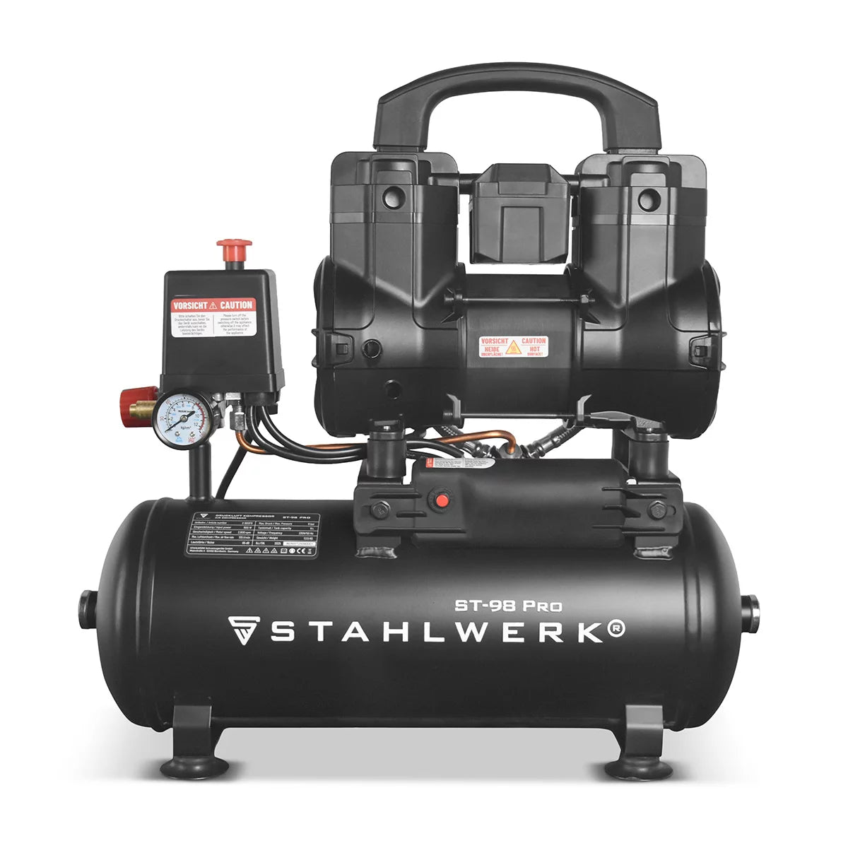 STAHLWERK Kompressor ST-98 Pro mit 8 bar | 1,22 PS | 0,90 kW | 170 l/min | 9 L Tank ölfreier Druckluft-Kompressor | Kolben-Kompressor | Silent-Kompressor | Flüster-Kompressor mit Brushless-Motoren