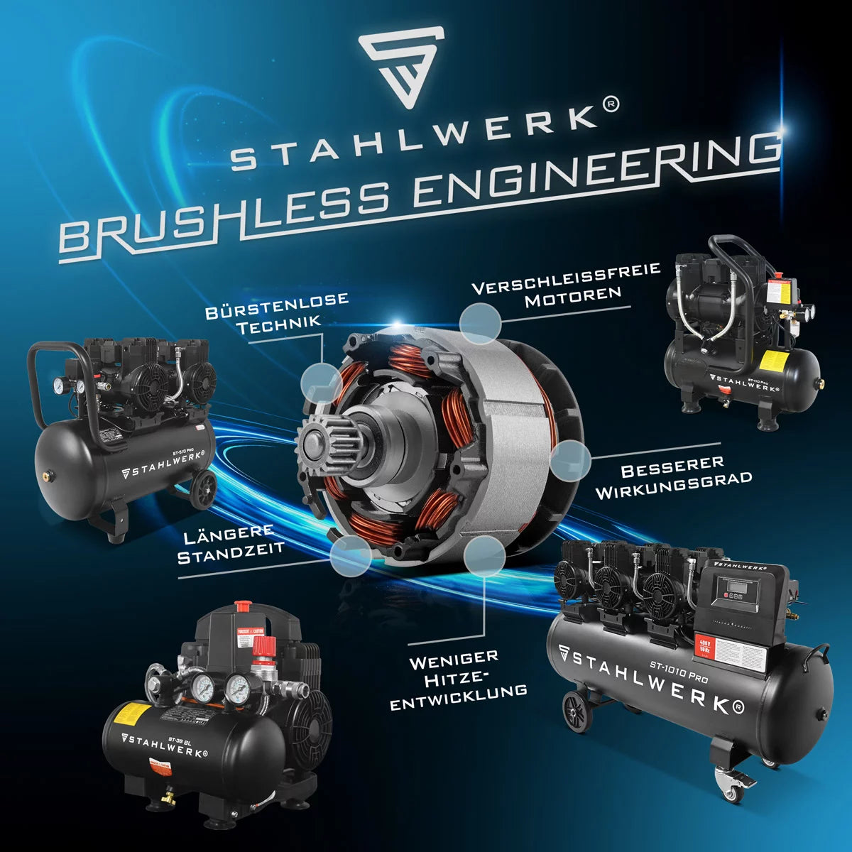 Compresseur STAHLWERK ST-1010 Pro avec 10 bars | 5,91 ch | 4,35 kW | 750 l/min | Compresseur d'air comprimé sans huile avec réservoir de 120 L | Compresseur à pistons | Compresseur silencieux | Compresseur silencieux avec moteurs sans balais