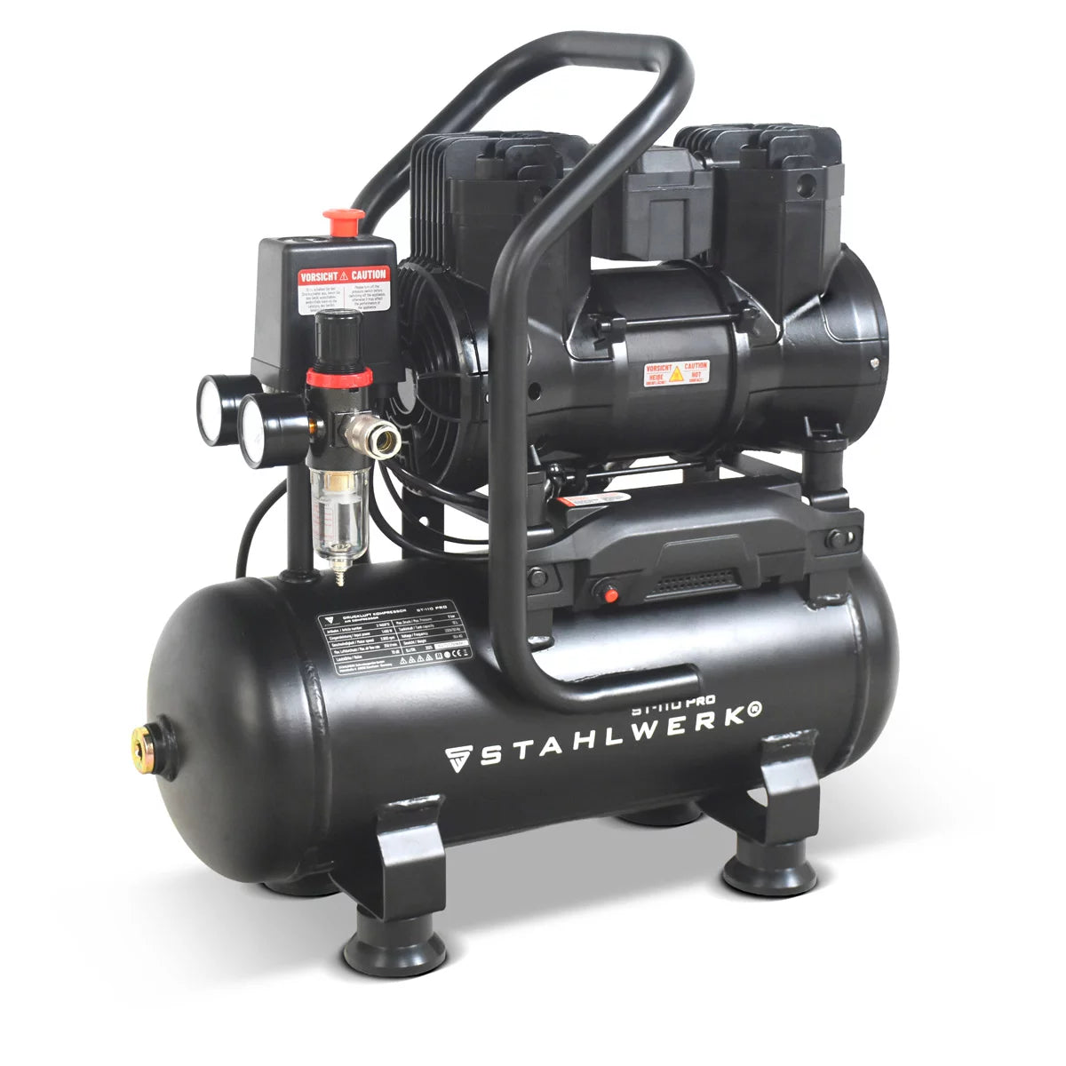 STAHLWERK Kompressor ST-110 Pro mit 8 bar | 1,97 PS | 1,45 kW | 250 l/min | 10 l Tank ölfreier Druckluft-Kompressor | Kolben-Kompressor | Silent-Kompressor | Flüster-Kompressor mit Brushless-Motoren