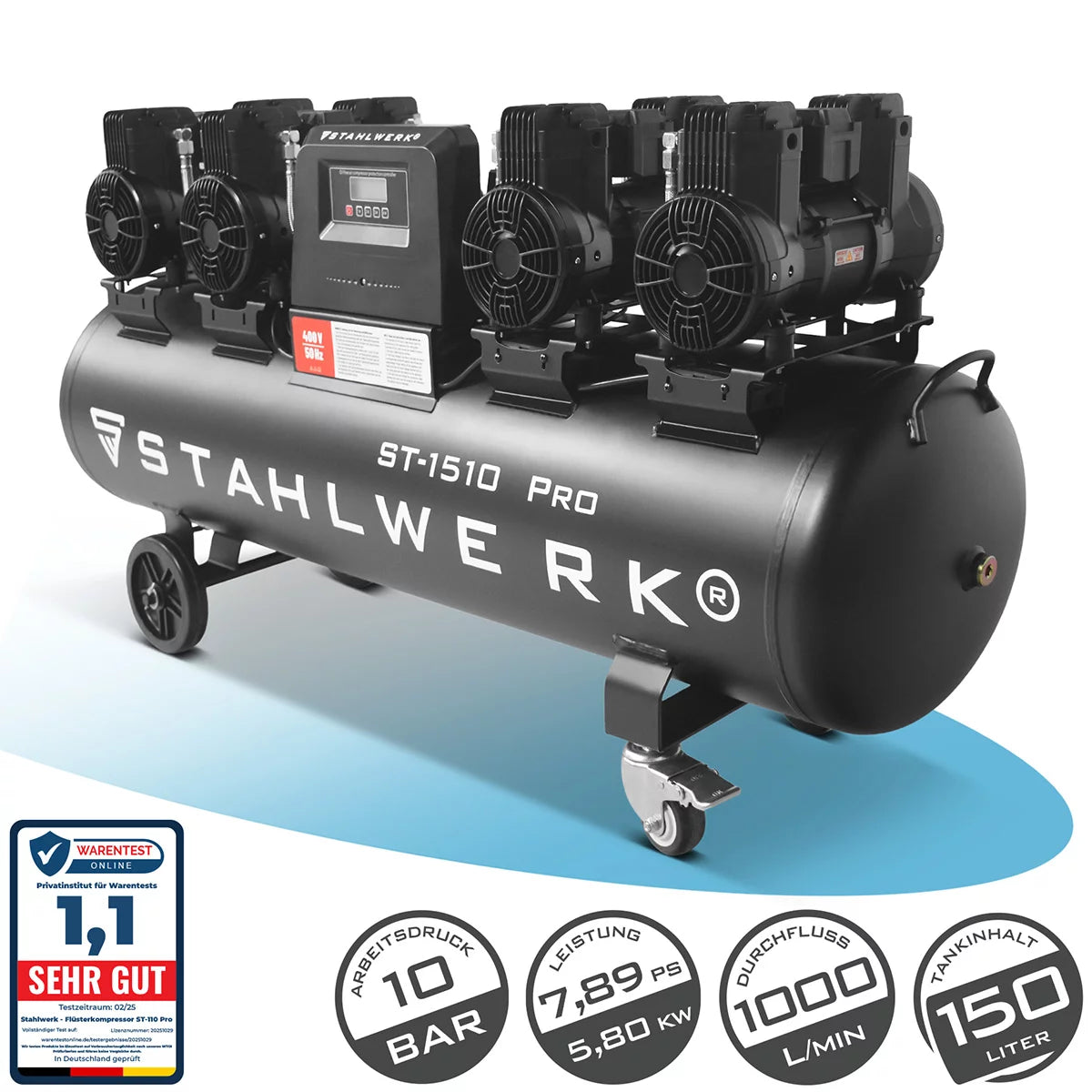 STAHLWERK Kompressor ST-1510 Pro mit 10 bar | 7,89 PS | 5,80 kW | 1000 l/min | 150 L Tank ölfreier Druckluft-Kompressor | Kolben-Kompressor | Silent-Kompressor | Flüster-Kompressor mit Brushless-Motoren