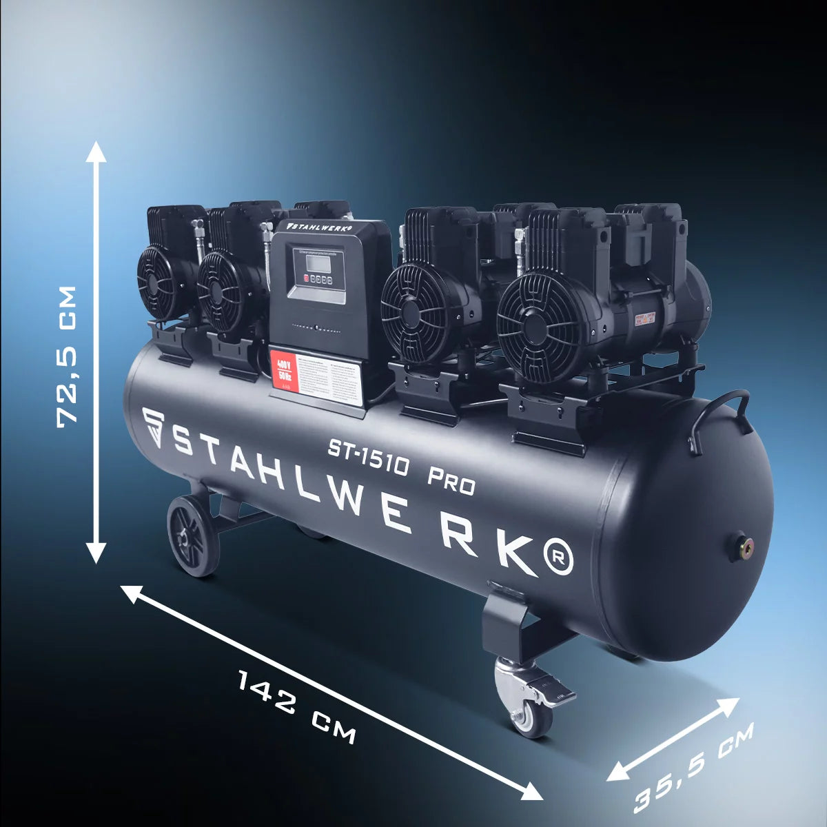 Compresseur STAHLWERK ST-1510 Pro avec 10 bars | 7,89 ch | 5,80 kW | 1000 l/min | Compresseur d'air comprimé sans huile avec réservoir de 150 L | Compresseur à pistons | Compresseur silencieux | Compresseur silencieux avec moteurs sans balais