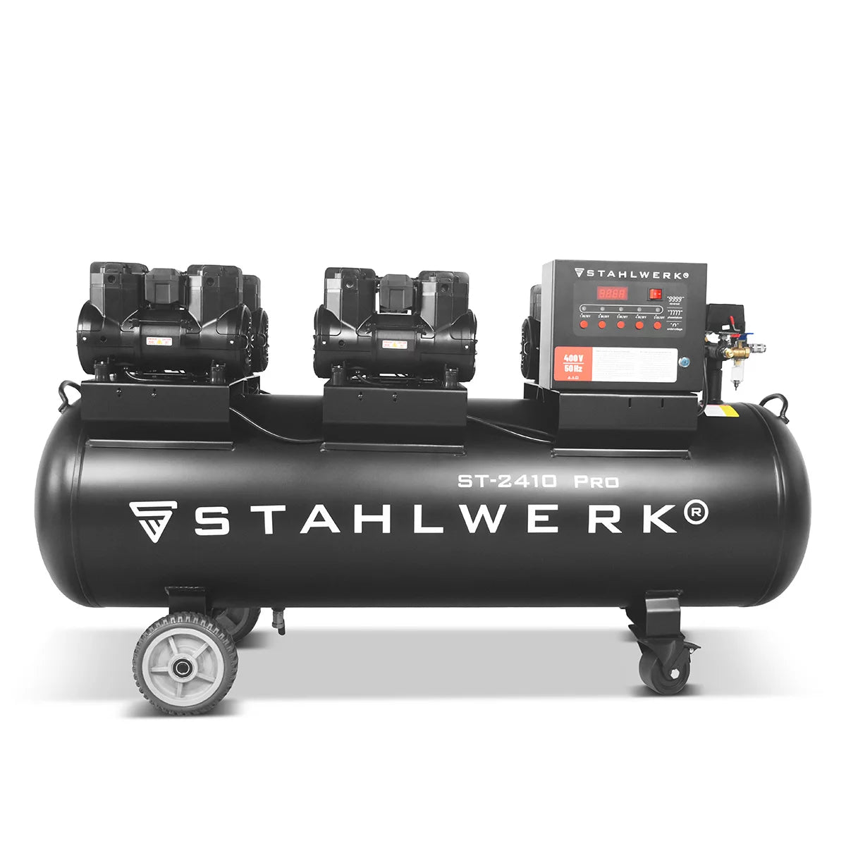 STAHLWERK Kompressor ST-2410 Pro mit 10 bar | 9,86 PS | 7,25 kW | 1250 l/min | 240 L Tank ölfreier Druckluft-Kompressor | Kolben-Kompressor | Silent-Kompressor | Flüster-Kompressor mit Brushless-Motoren