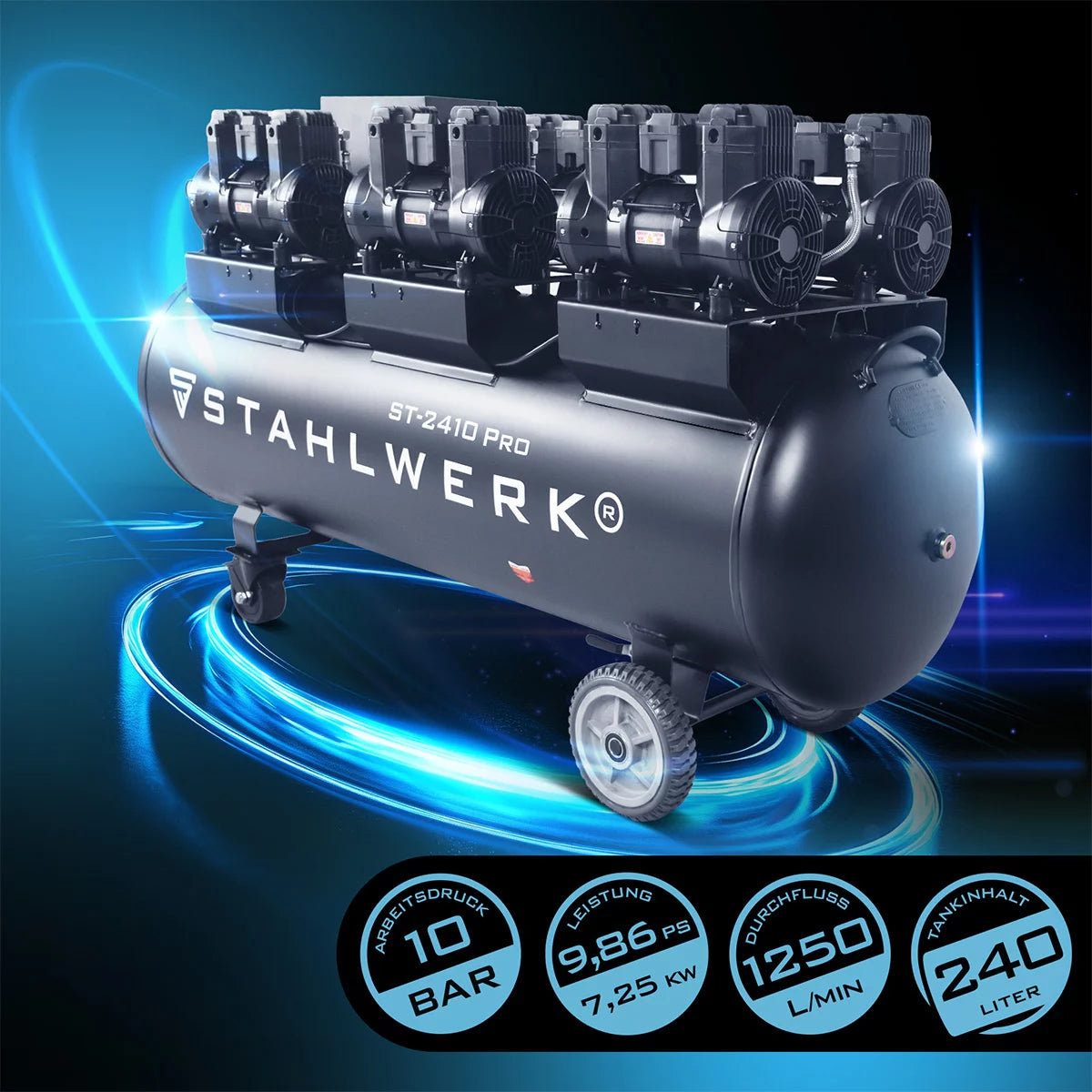 STAHLWERK Kompressor ST-2410 Pro mit 10 bar | 9,86 PS | 7,25 kW | 1250 l/min | 240 L Tank ölfreier Druckluft-Kompressor | Kolben-Kompressor | Silent-Kompressor | Flüster-Kompressor mit Brushless-Motoren
