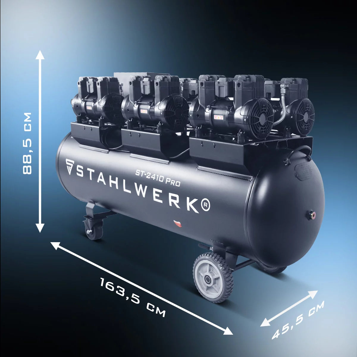 STAHLWERK Kompressor ST-2410 Pro mit 10 bar | 9,86 PS | 7,25 kW | 1250 l/min | 240 L Tank ölfreier Druckluft-Kompressor | Kolben-Kompressor | Silent-Kompressor | Flüster-Kompressor mit Brushless-Motoren
