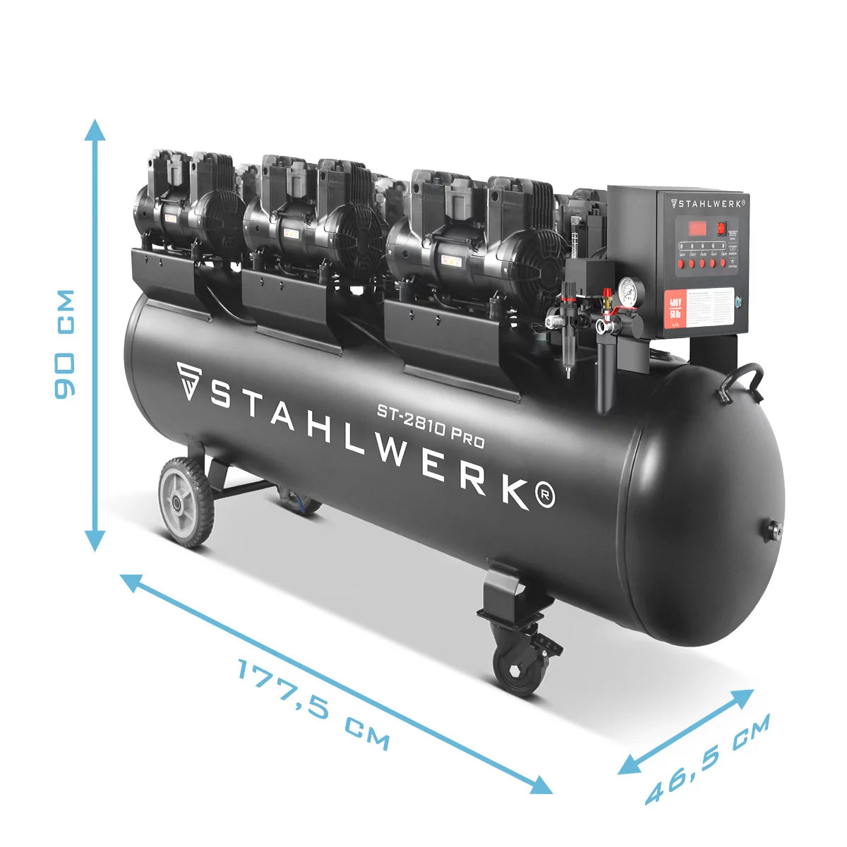 STAHLWERK Kompressor ST-2810 Pro mit 10 bar | 11,83 PS | 8,70 kW | 1500 l/min | 280 L Tank ölfreier Druckluft-Kompressor | Kolben-Kompressor | Silent-Kompressor | Flüster-Kompressor mit Brushless-Motoren
