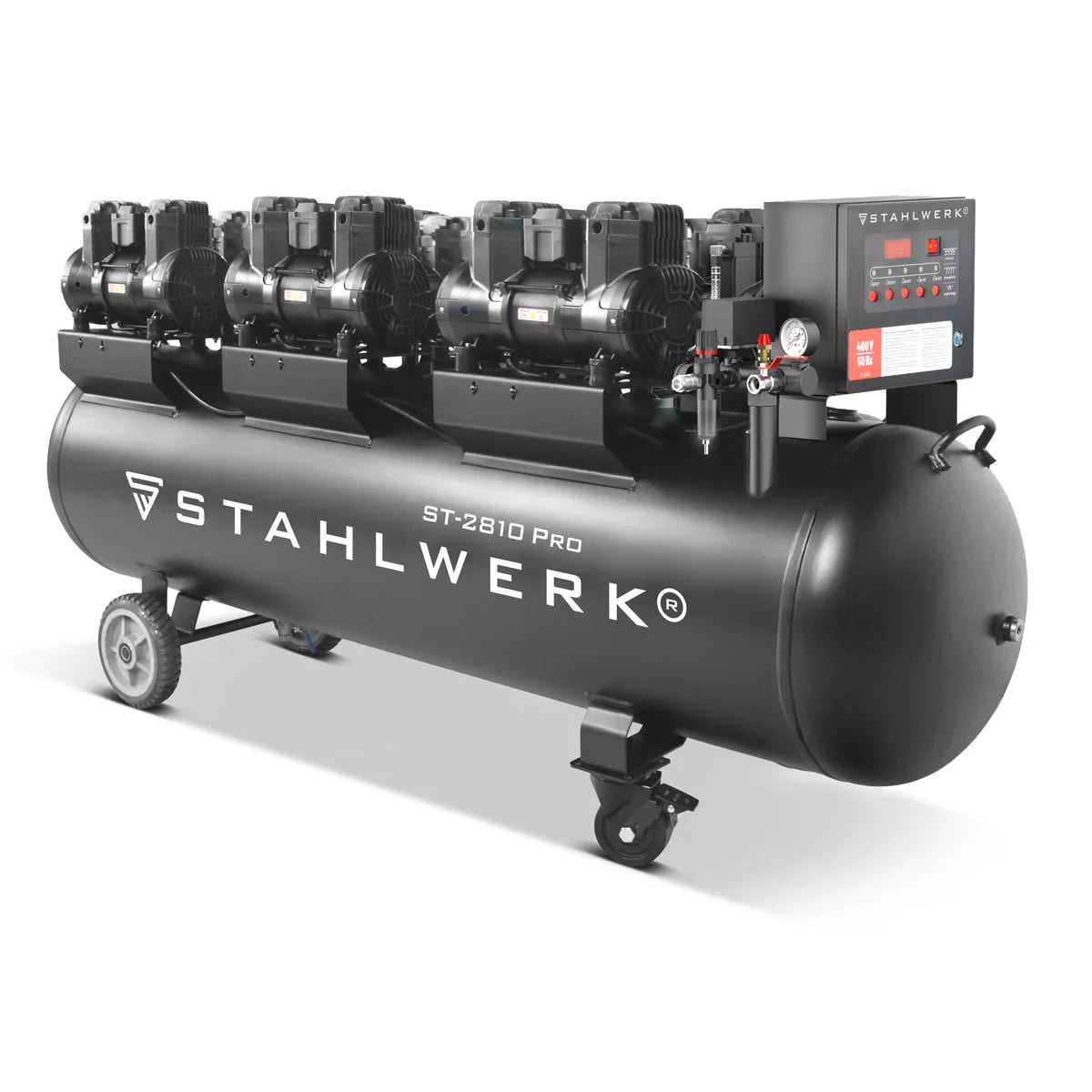 STAHLWERK Kompressor ST-2810 Pro mit 10 bar | 11,83 PS | 8,70 kW | 1500 l/min | 280 L Tank ölfreier Druckluft-Kompressor | Kolben-Kompressor | Silent-Kompressor | Flüster-Kompressor mit Brushless-Motoren