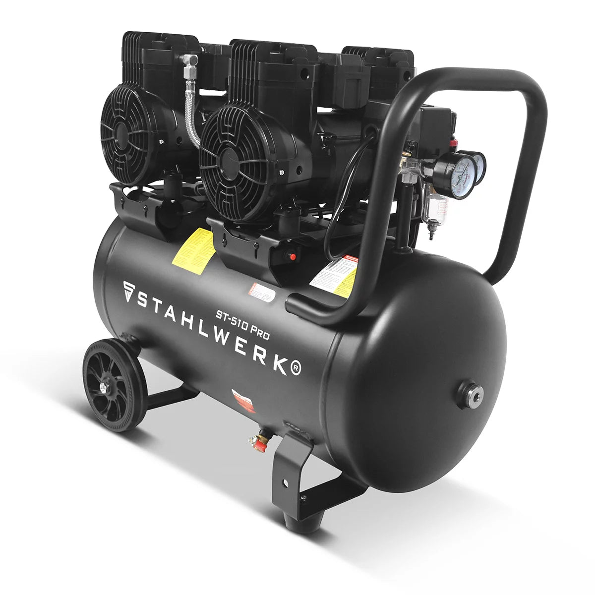 STAHLWERK Kompressor ST-510 Pro mit 10 bar | 3,94 PS | 2,9 kW | 500 l/min | 50 L Tank ölfreier Druckluft-Kompressor | Kolben-Kompressor | Silent-Kompressor | Flüster-Kompressor mit Brushless-Motoren