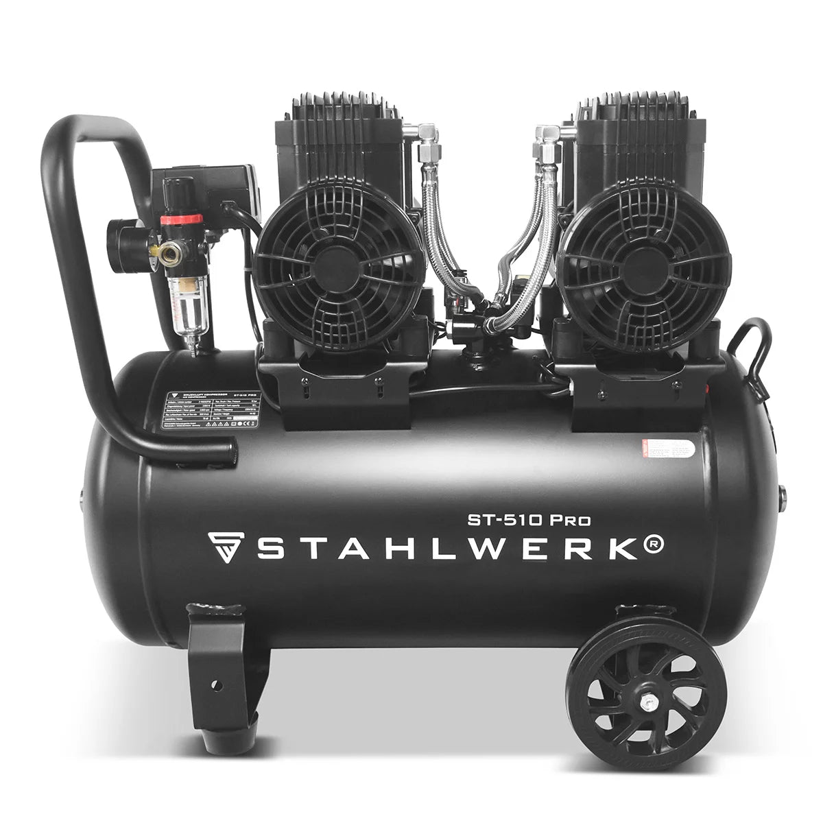 STAHLWERK Kompressor ST-510 Pro mit 10 bar | 3,94 PS | 2,9 kW | 500 l/min | 50 L Tank ölfreier Druckluft-Kompressor | Kolben-Kompressor | Silent-Kompressor | Flüster-Kompressor mit Brushless-Motoren