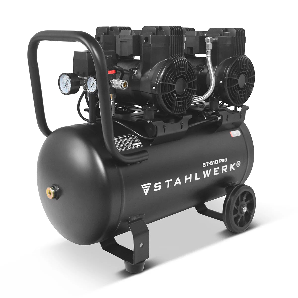 STAHLWERK Kompressor ST-510 Pro mit 10 bar | 3,94 PS | 2,9 kW | 500 l/min | 50 L Tank ölfreier Druckluft-Kompressor | Kolben-Kompressor | Silent-Kompressor | Flüster-Kompressor mit Brushless-Motoren