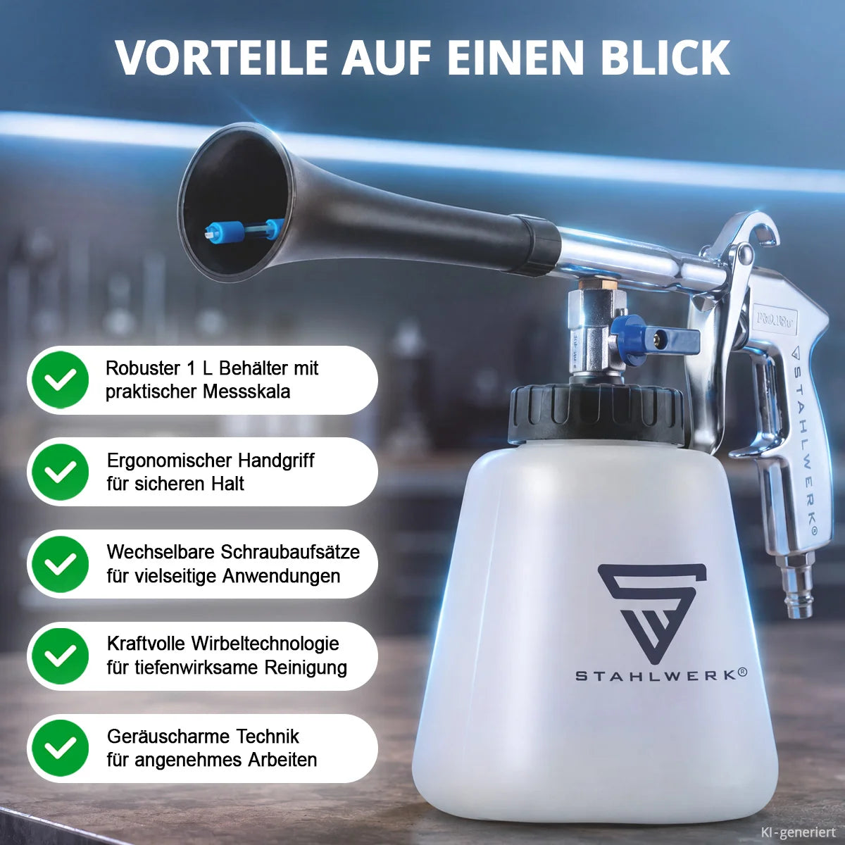 Pistola de limpieza de aire comprimido STAHLWERK RP-90 ST con juego de accesorios | Limpiador de aire comprimido con efecto remolino | Limpiador de interiores | pistola de lavado | Pistola de soplado automotriz para limpiar superficies sucias.