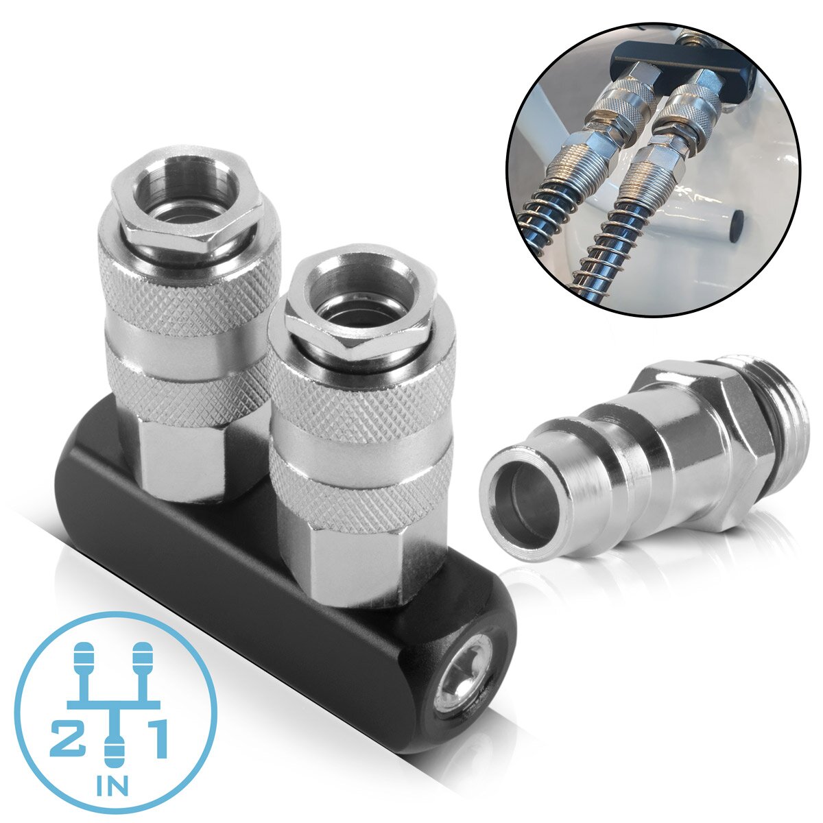 STAHLWERK 2-fach Druckluft-Verteiler | 2-Wege-Verteiler-Anschluss | Druckluft-Adapter | Pneumatik-Verteiler bis 35 bar mit Schnellkupplung NW 7.2 und 1/4 Zoll Anschlussgewinde für Druckluft-Kompressoren