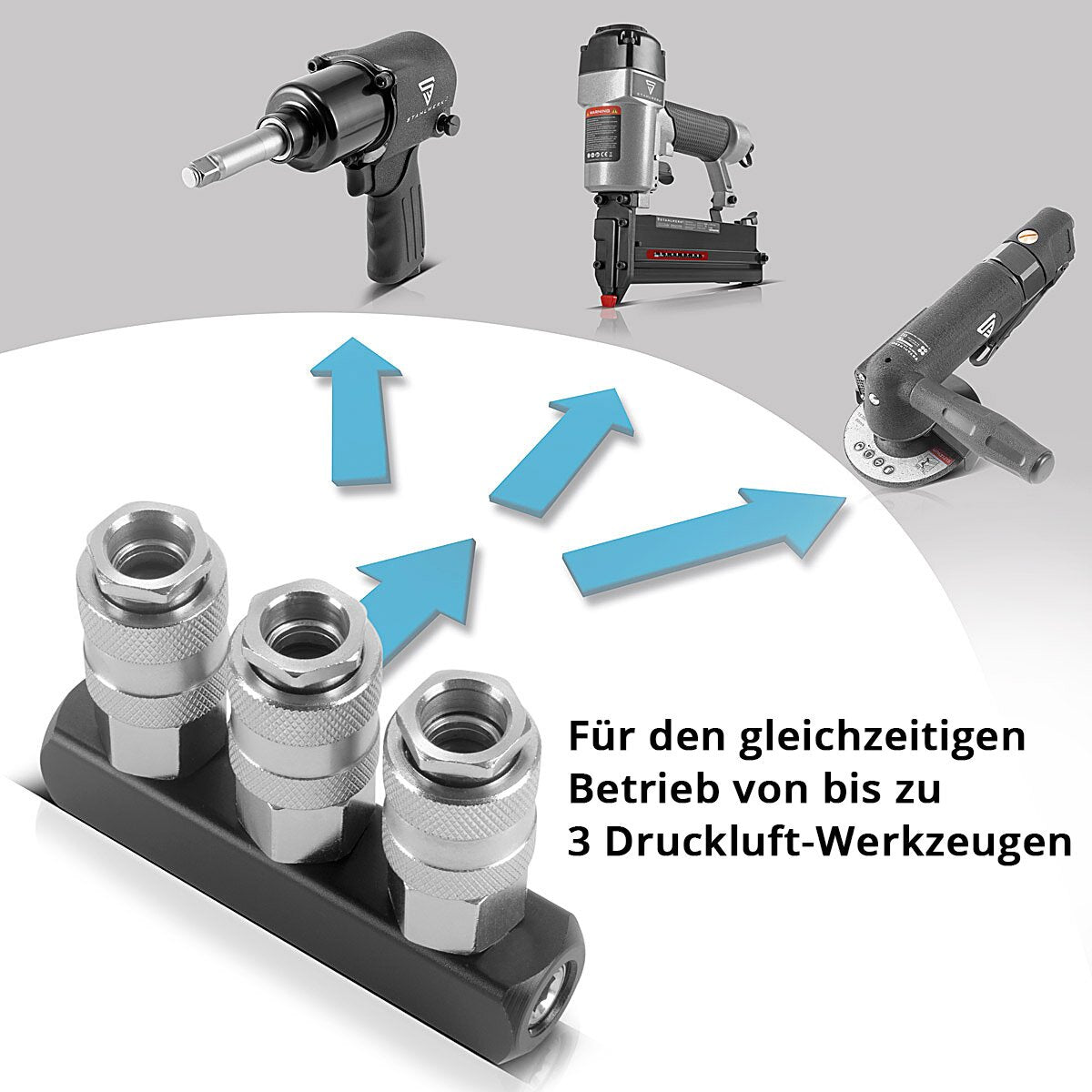 STAHLWERK 3-fach Druckluft-Verteiler | 3-Wege-Verteiler-Anschluss | Druckluft-Adapter | Pneumatik-Verteiler bis 35 bar mit Schnellkupplung NW 7.2 und 1/4 Zoll Anschlussgewinde für Druckluft-Kompressoren