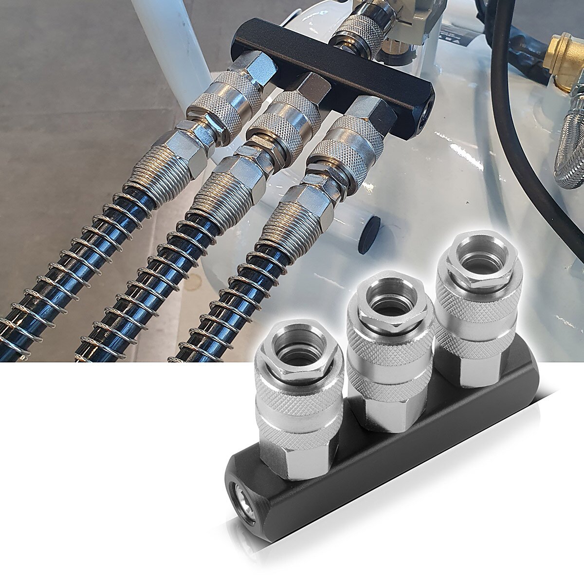 Distribuidor de aire comprimido de 3 veces a Steelworks | Conexión del distribuidor de 3 vías | Adaptador de aire comprimido | Distribuidor neumático de hasta 35 bar con rosca de conexión NW 7.2 y 1/4 pulgada para compresores de aire comprimido
