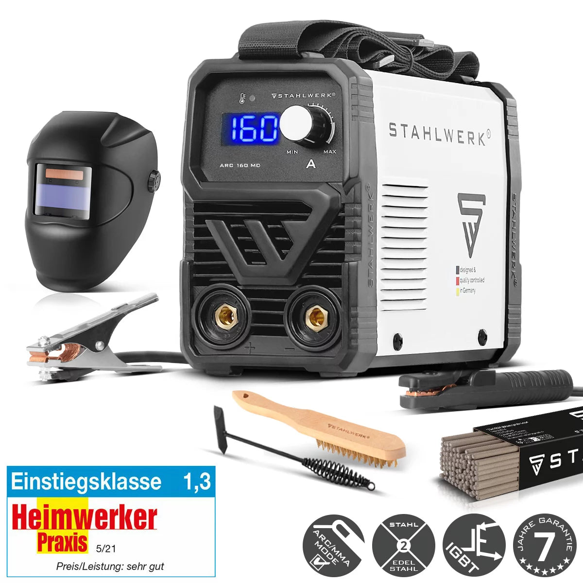Saldatrice ad elettrodo completamente attrezzata STAHLWERK ARC 160 MD - Saldatrice DC MMA, E-Hand, Lift-TIG | Regolazione infinita | 160 Amp reali | Molto compatto e leggero | Avvio a caldo, antiaderente, raffreddamento intelligente | Tecnologia IGBT