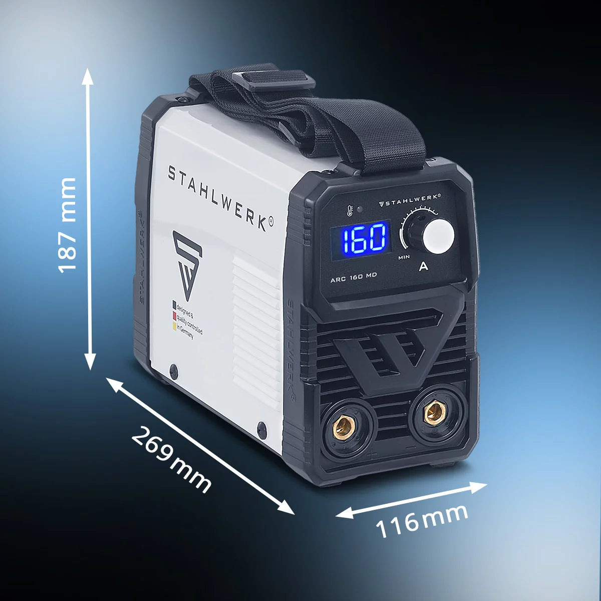 Saldatrice ad elettrodo completamente attrezzata STAHLWERK ARC 160 MD - Saldatrice DC MMA, E-Hand, Lift-TIG | Regolazione infinita | 160 Amp reali | Molto compatto e leggero | Avvio a caldo, antiaderente, raffreddamento intelligente | Tecnologia IGBT