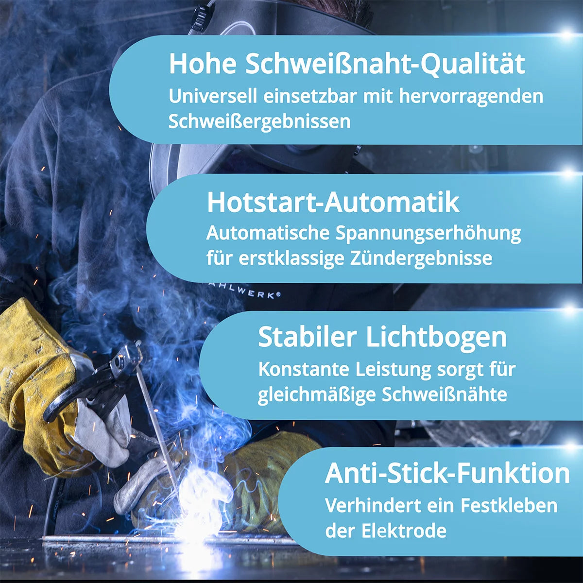 Saldatrice ad elettrodo completamente attrezzata STAHLWERK ARC 160 MD - Saldatrice DC MMA, E-Hand, Lift-TIG | Regolazione infinita | 160 Amp reali | Molto compatto e leggero | Avvio a caldo, antiaderente, raffreddamento intelligente | Tecnologia IGBT