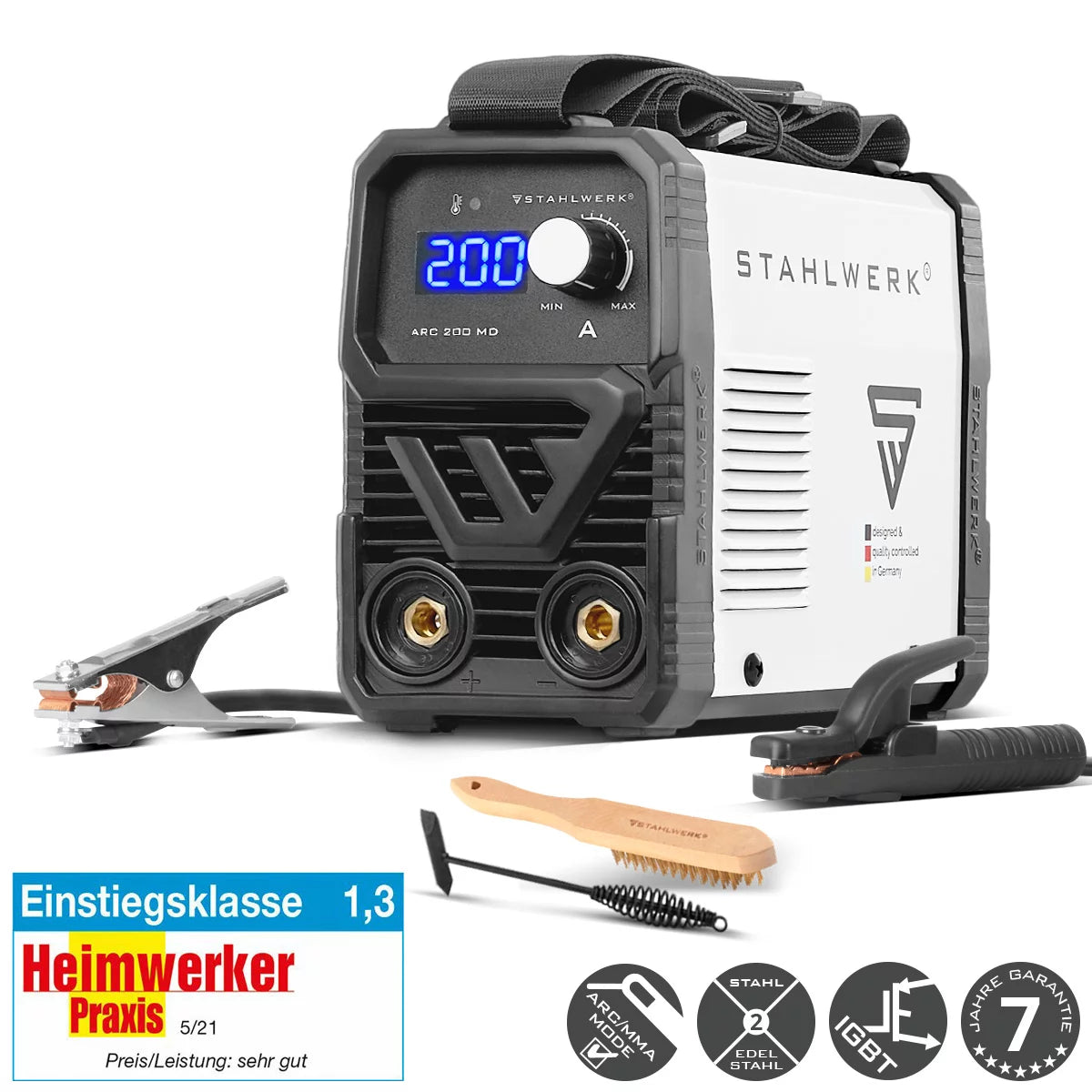 Saldatrice ad elettrodi STAHLWERK ARC 200 MD Saldatrice DC MMA, E-hand, lift-TIG | Regolazione infinita | 200 Amp reali | Molto compatto e leggero | Avvio a caldo, antiaderente, raffreddamento intelligente | Tecnologia IGBT