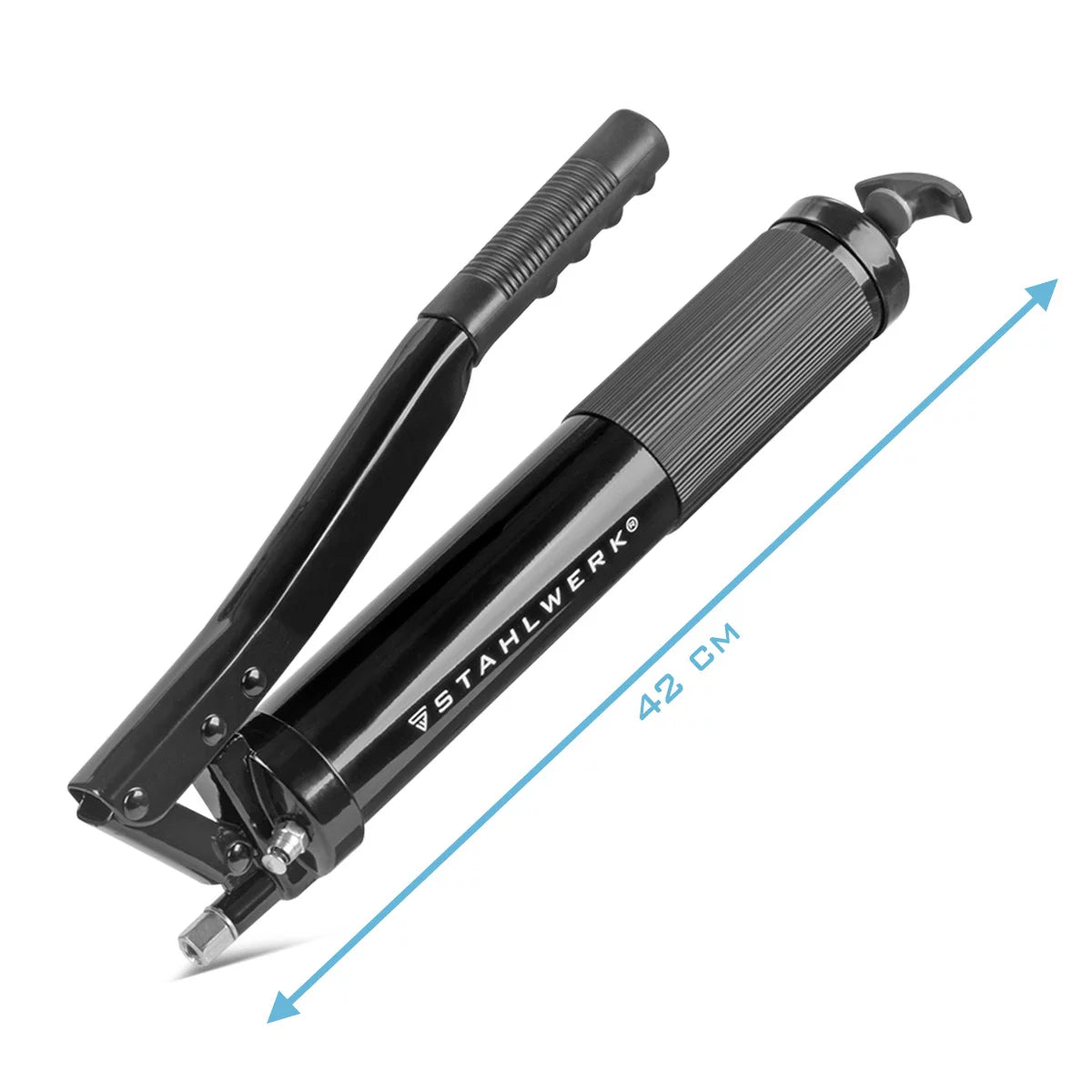 Pistola engrasadora monomanual STAHLWERK 600 ml 550 bar | Prensa de palanca manual de acero robusto | Pistola engrasadora para grasa suelta o cartucho de 400 g | Prensa manual para lubricación con manguera flexible y tubo de extensión.