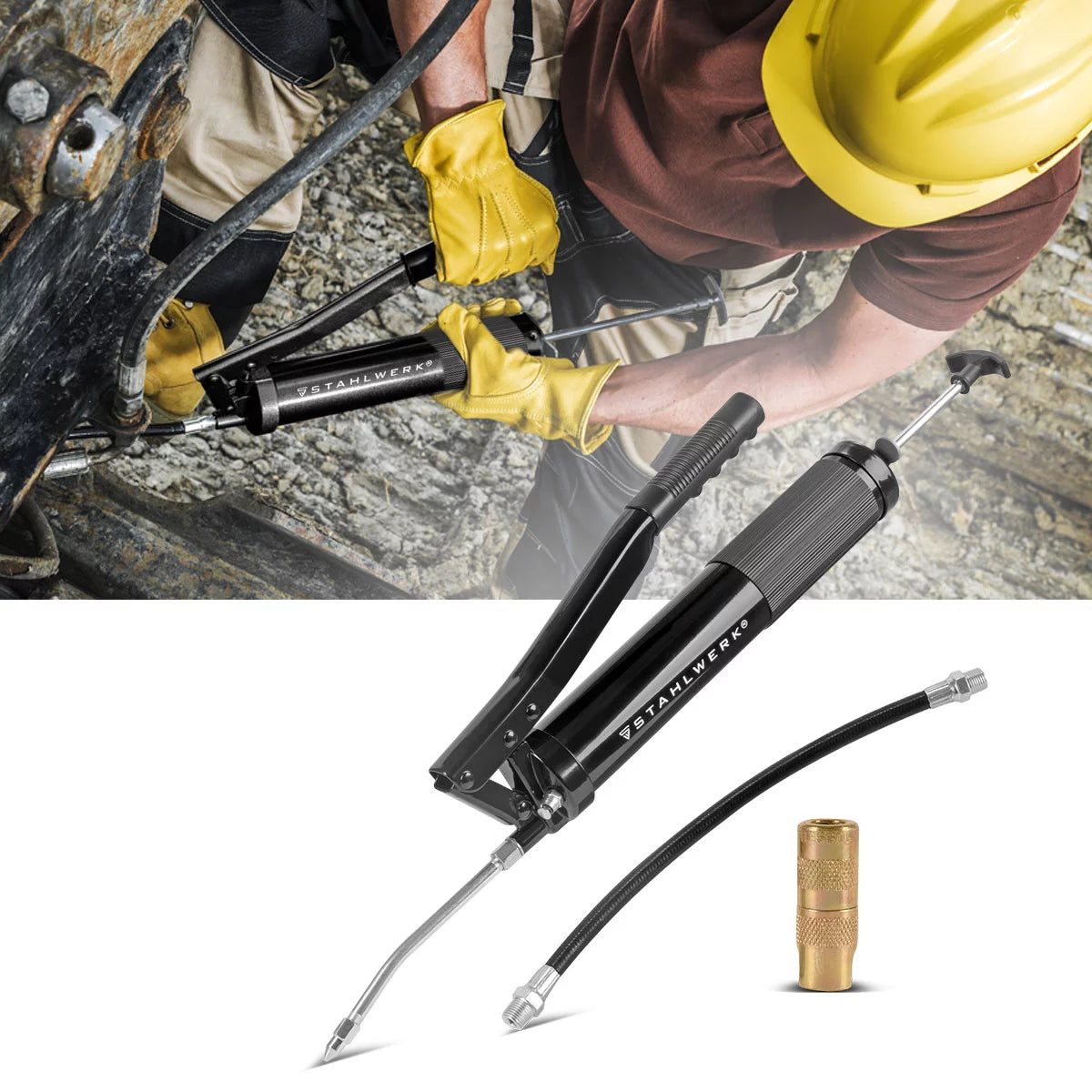 Pistola engrasadora monomanual STAHLWERK 600 ml 550 bar | Prensa de palanca manual de acero robusto | Pistola engrasadora para grasa suelta o cartucho de 400 g | Prensa manual para lubricación con manguera flexible y tubo de extensión.