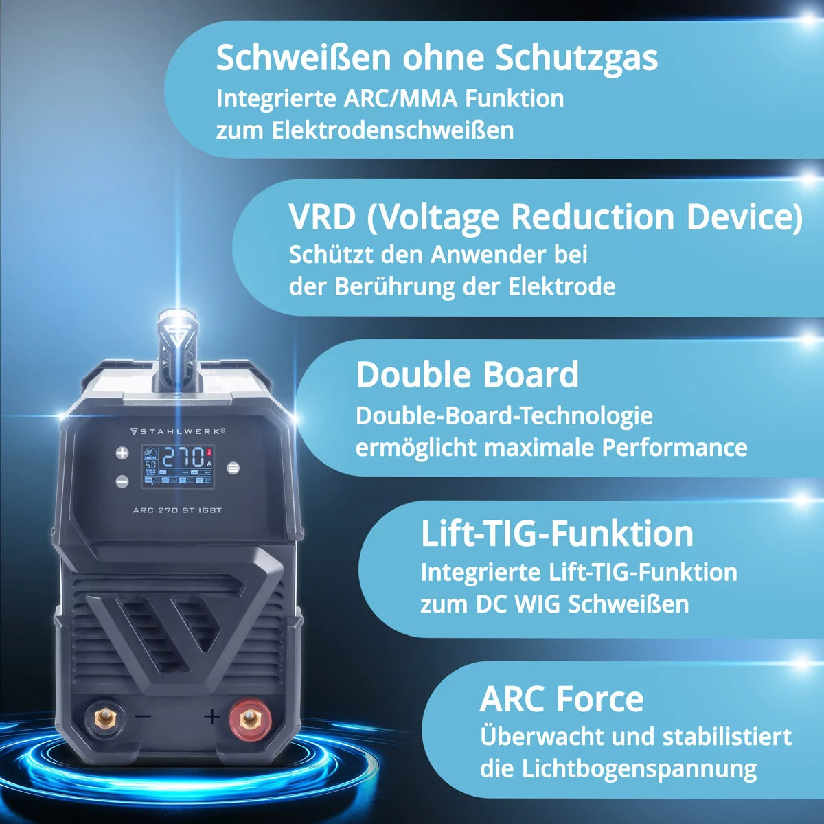 Saldatrice STAHLWERK ARC 270 ST DC MMA | Saldatrice inverter E-hand con 270 A, display digitale e tecnologia IGBT
